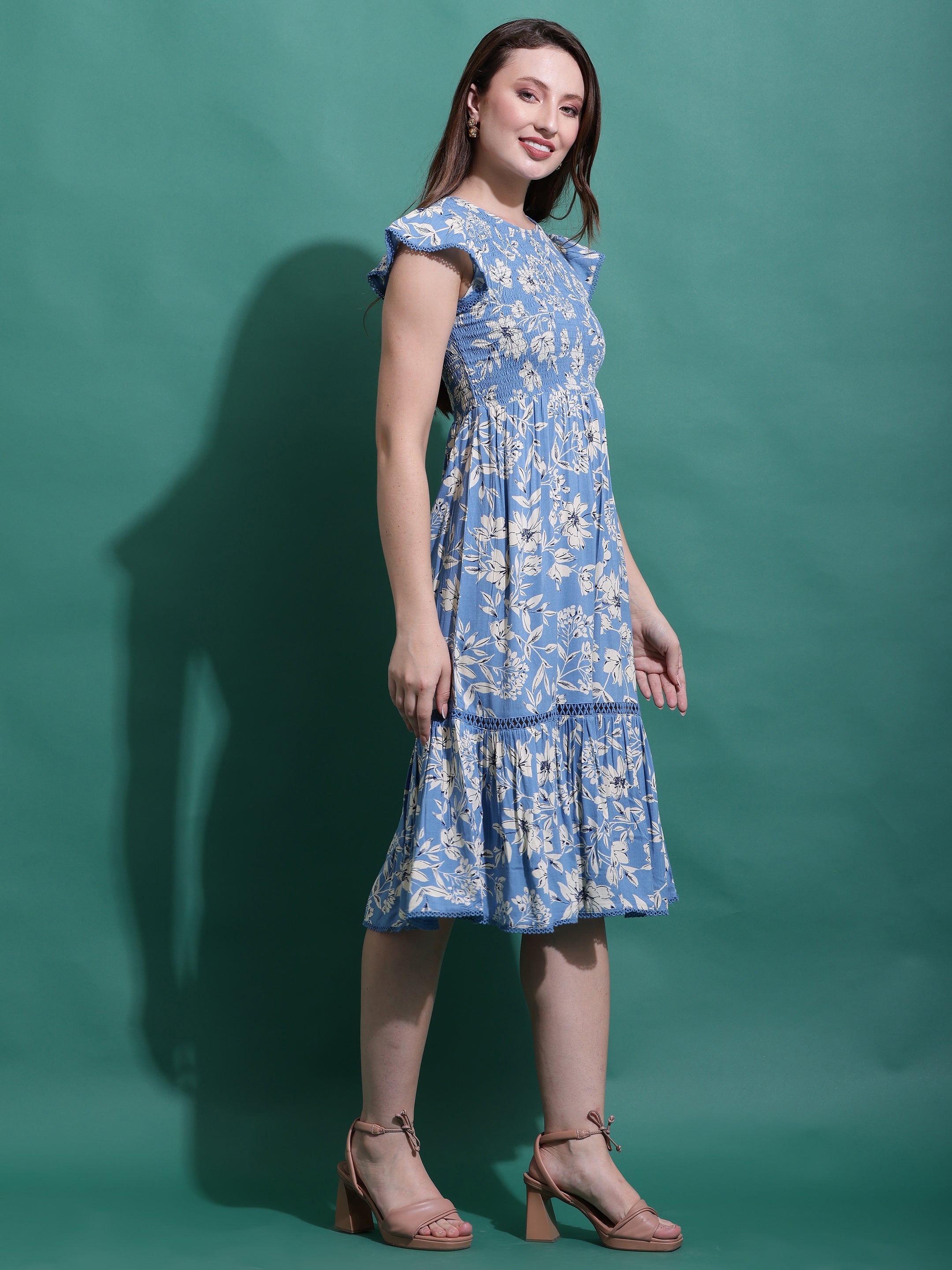 Blue Floral Midi Smocked Dress