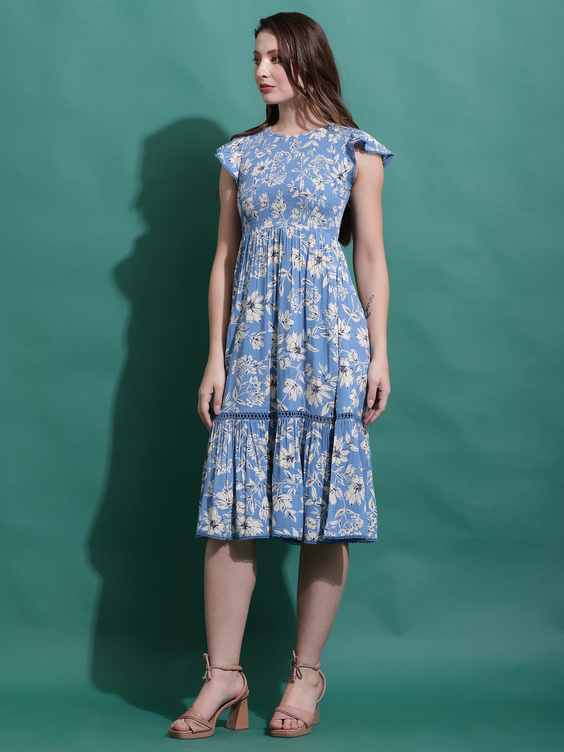 Blue Floral Midi Smocked Dress