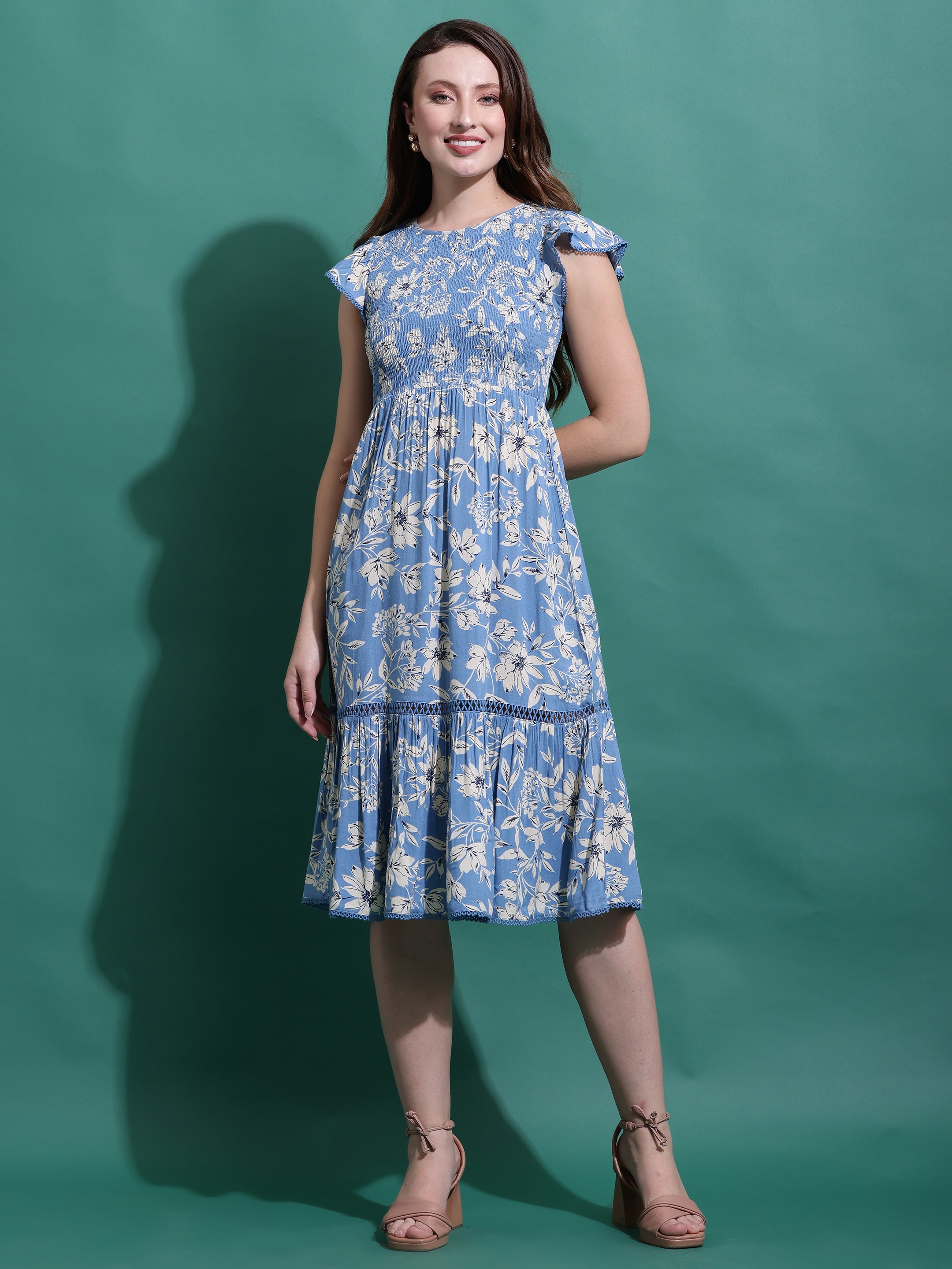 Blue Floral Midi Smocked Dress