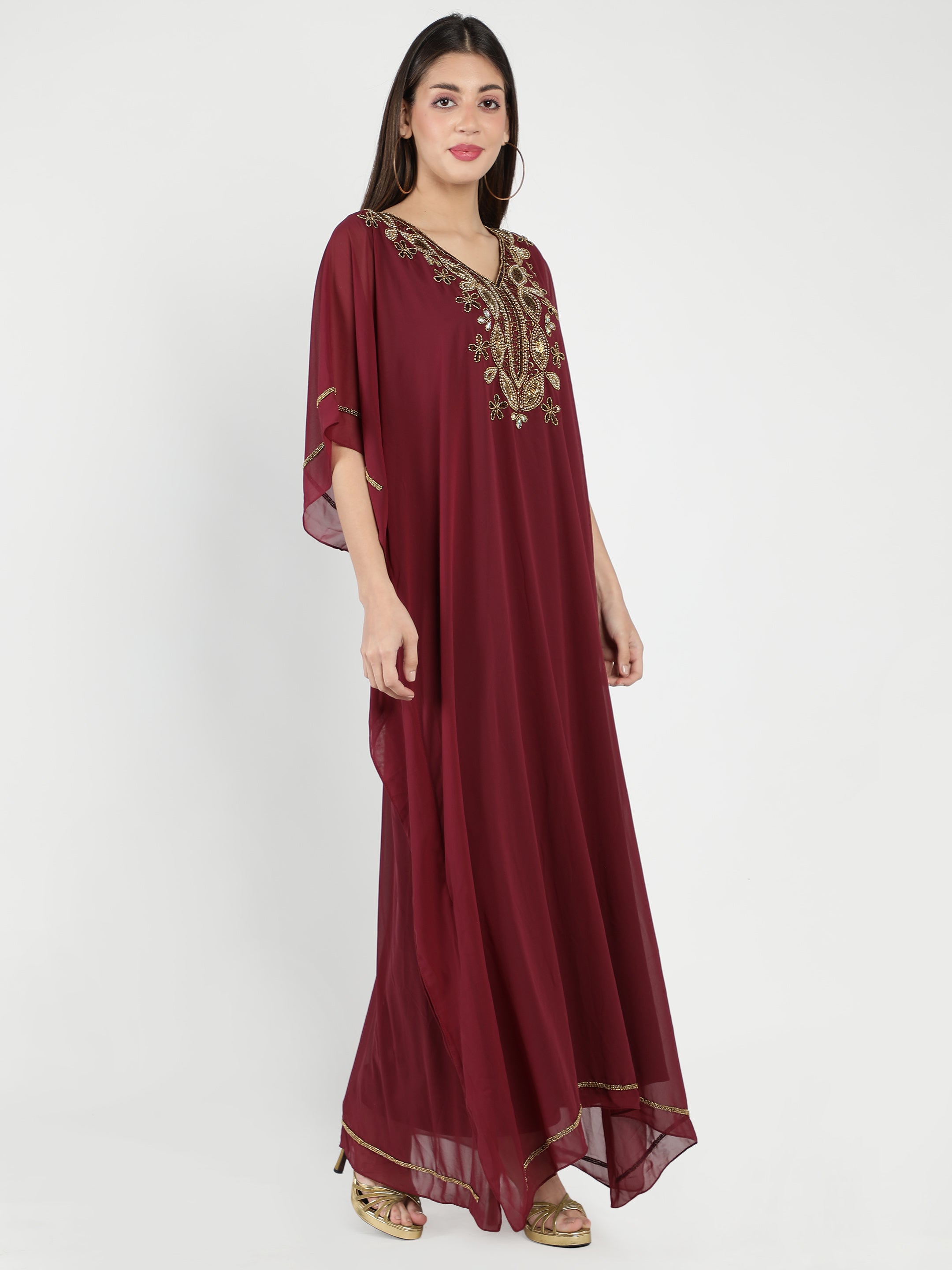 Maroon Embellished Long Kaftan