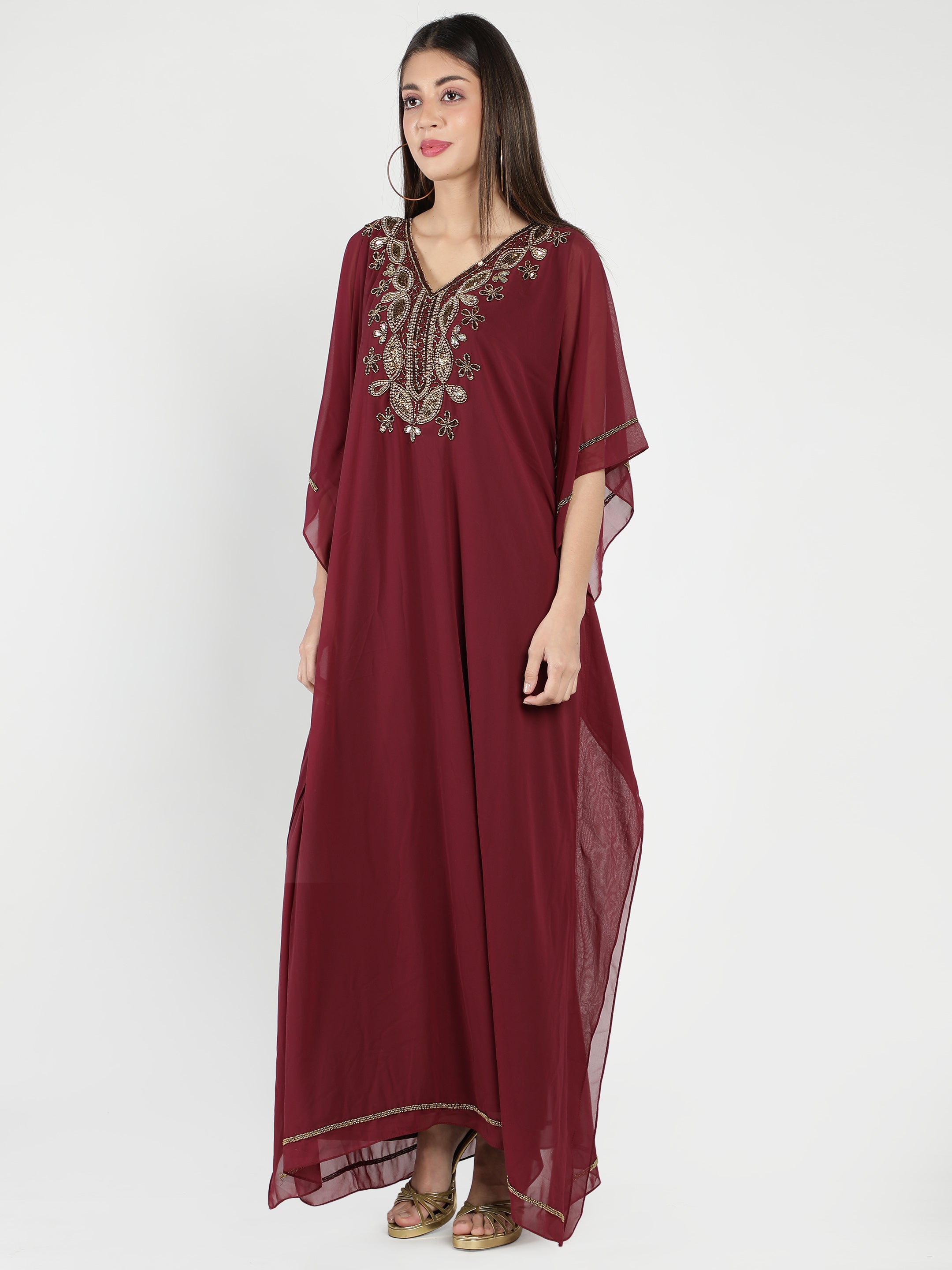 Maroon Embellished Long Kaftan