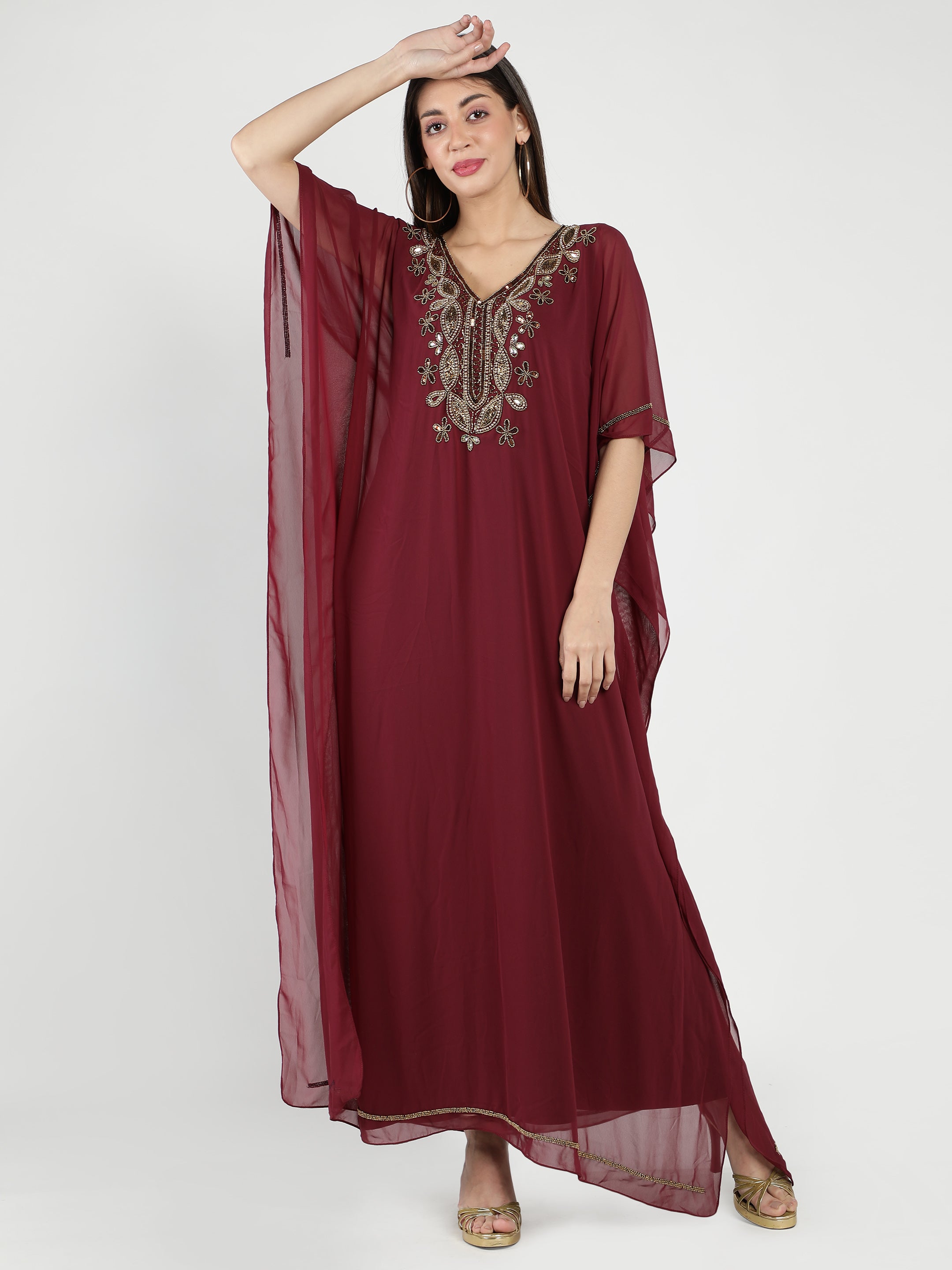 Maroon Embellished Long Kaftan