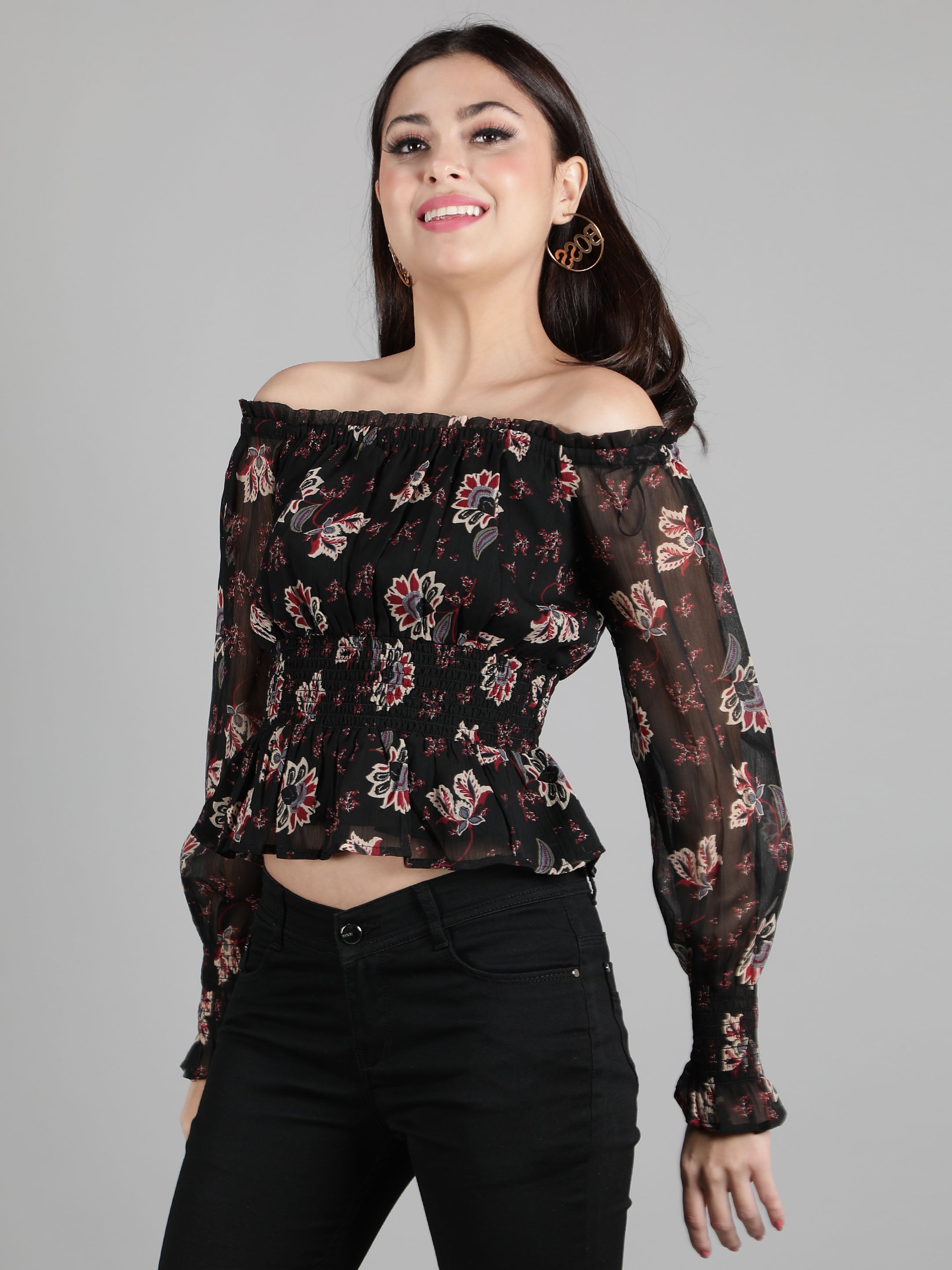 Black Floral Smocked Top