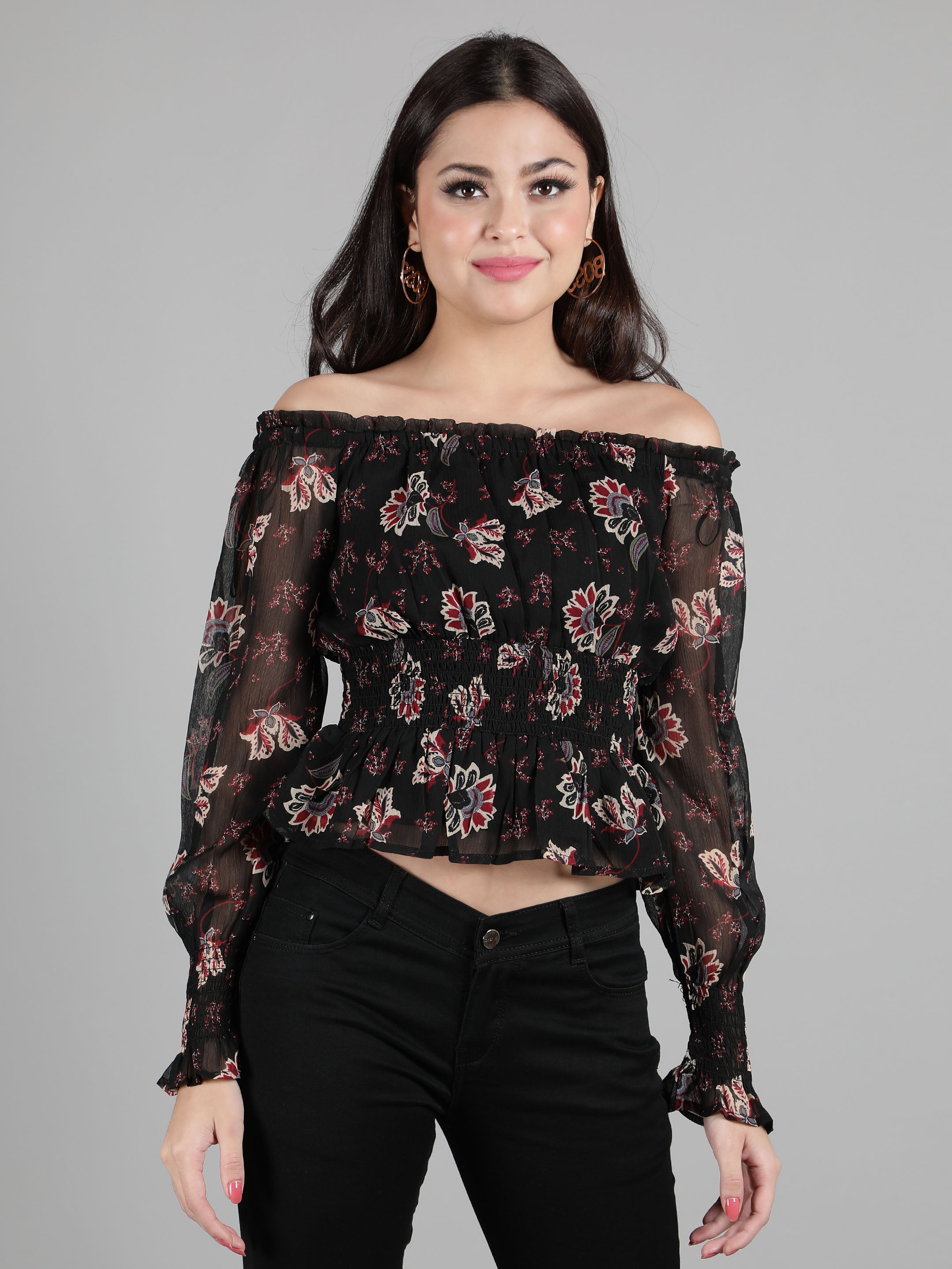 Black Floral Smocked Top