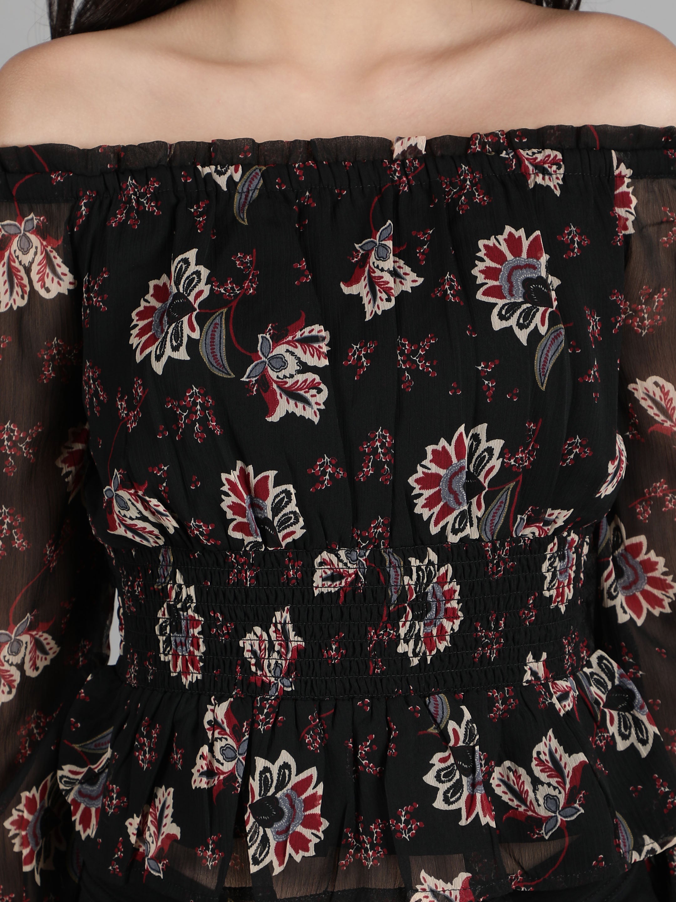 Black Floral Smocked Top