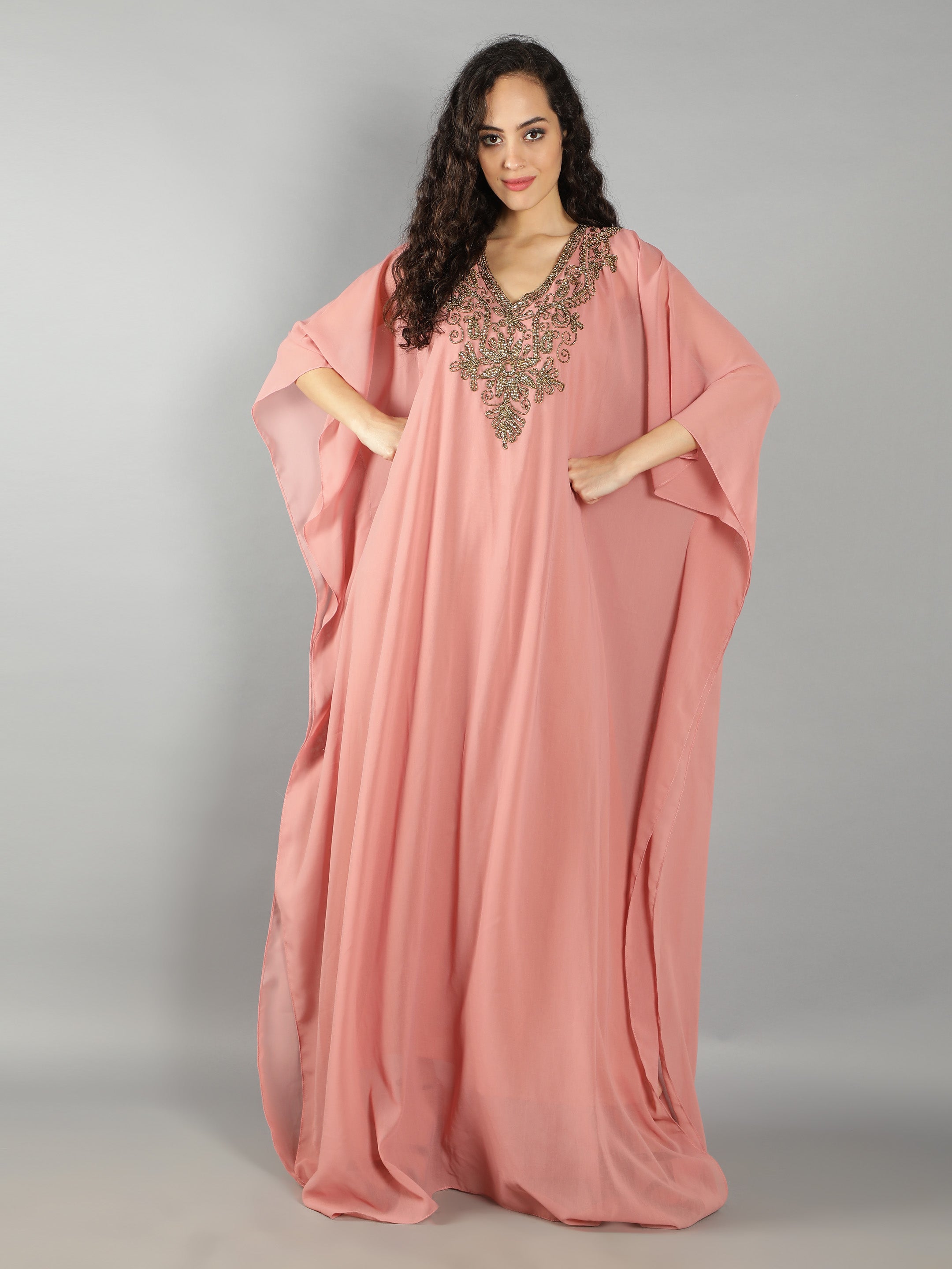 Peach Embellished Long Kaftan
