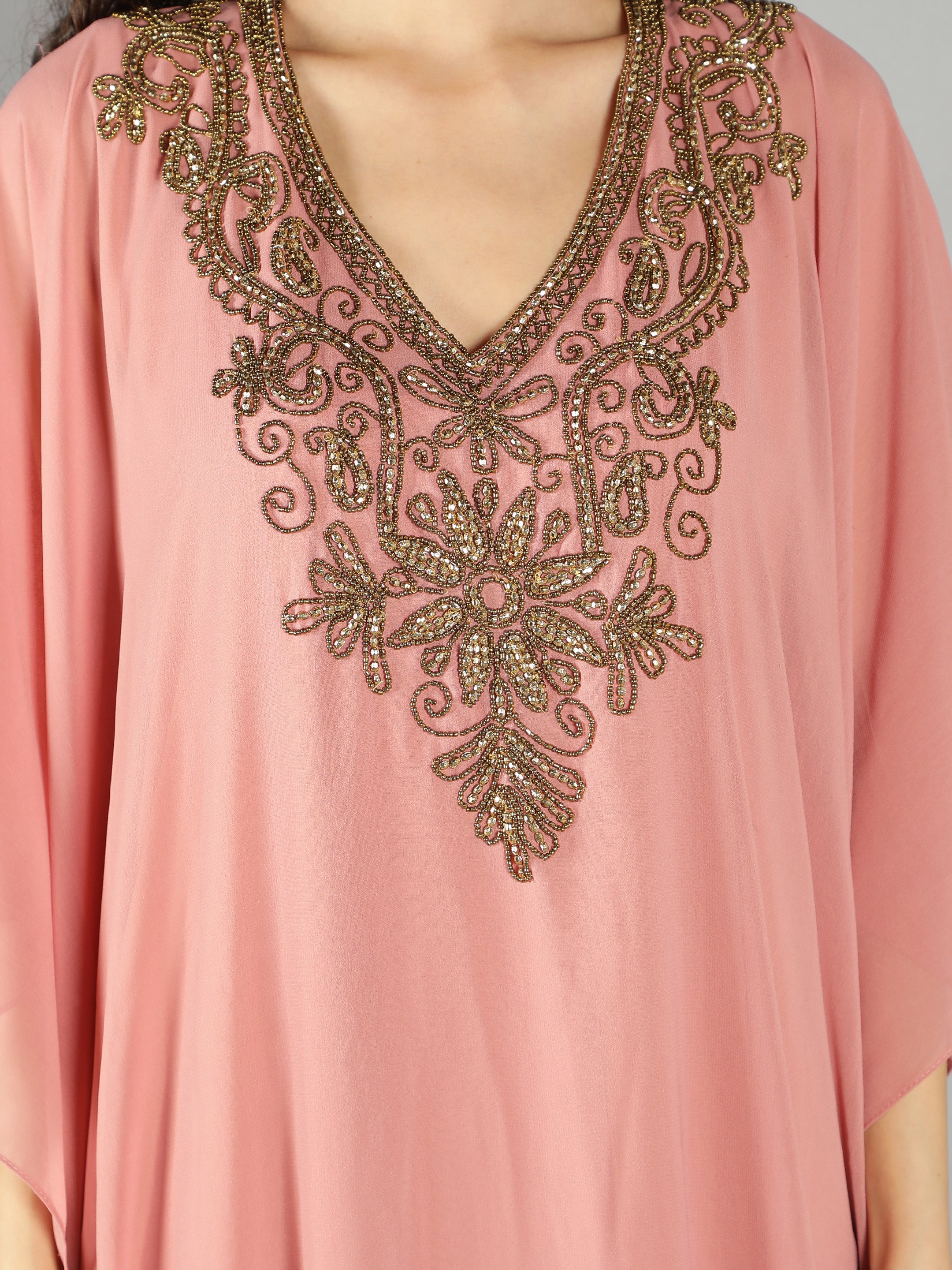 Peach Embellished Long Kaftan