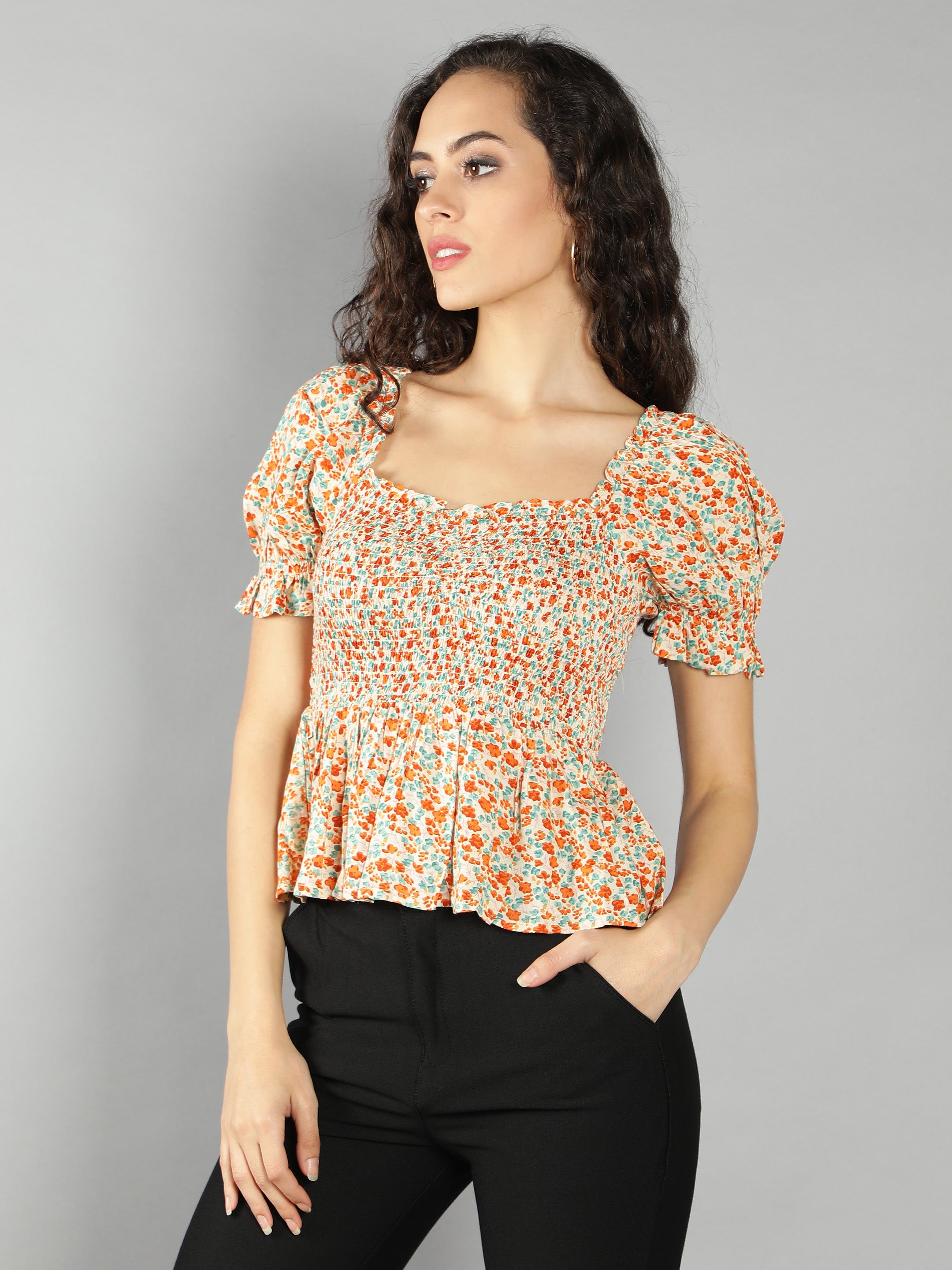 Orange Floral Smart Casual Top
