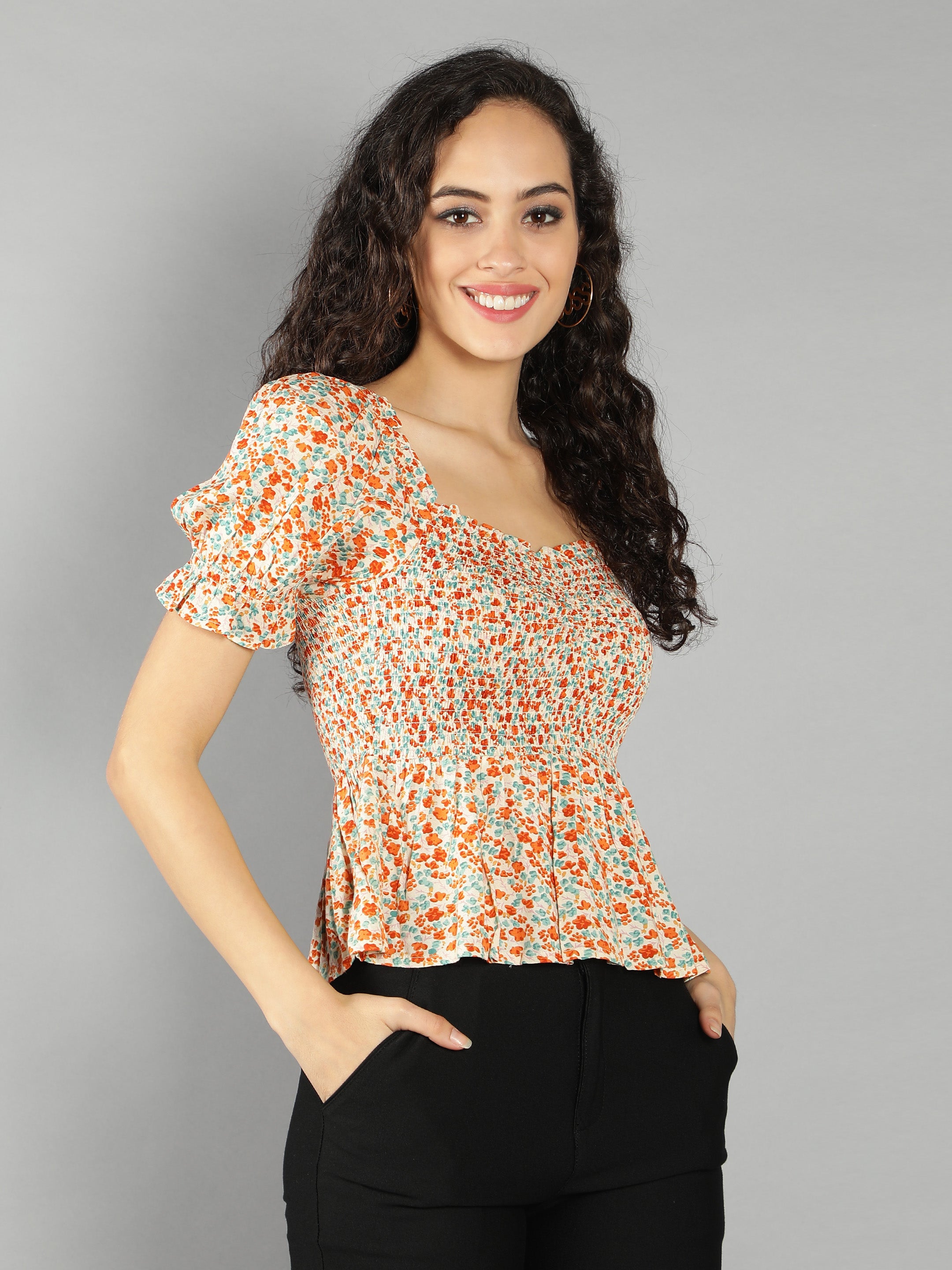 Orange Floral Smart Casual Top