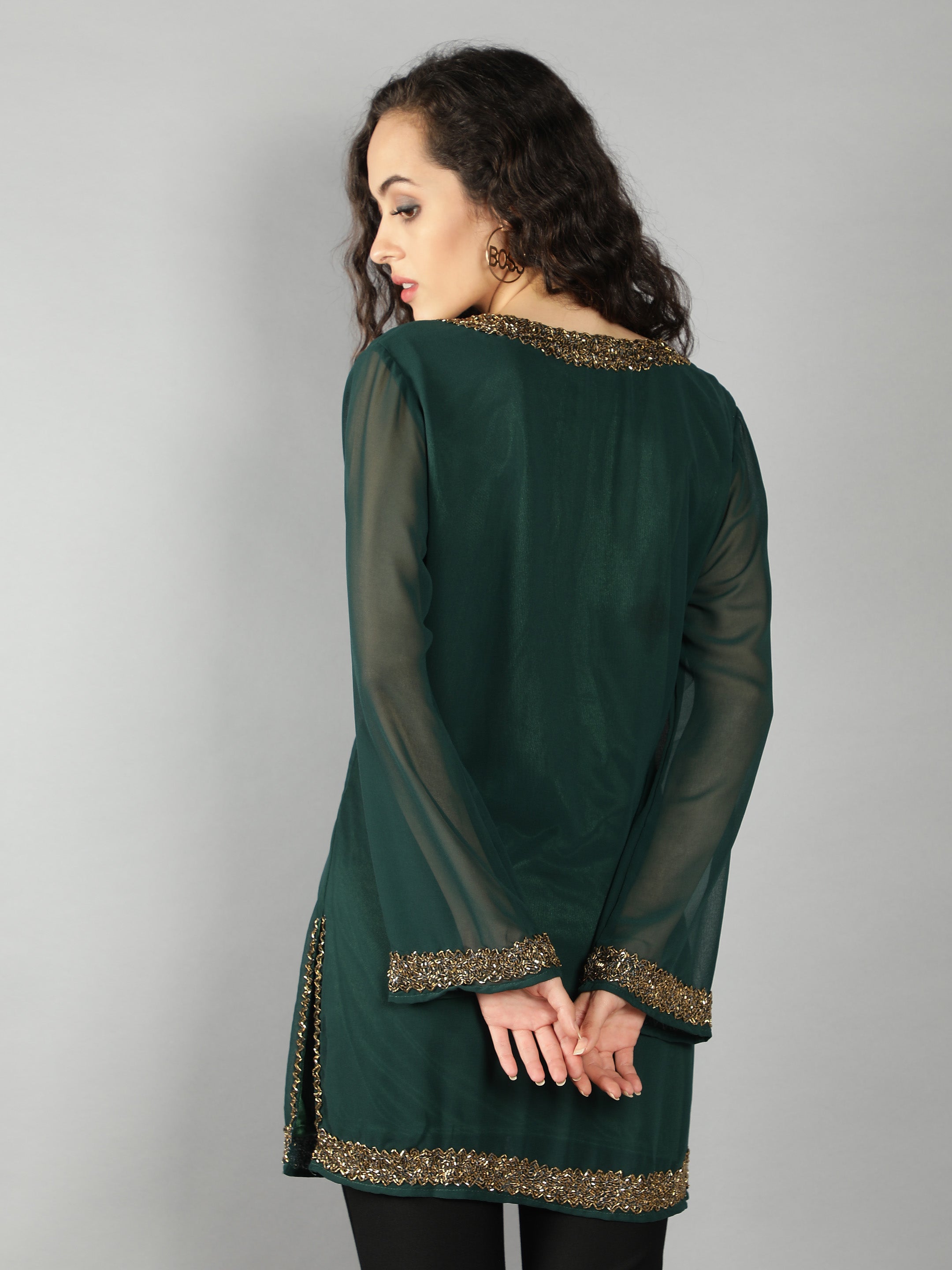 Green Embellished V Neck Kurti (With Lining)