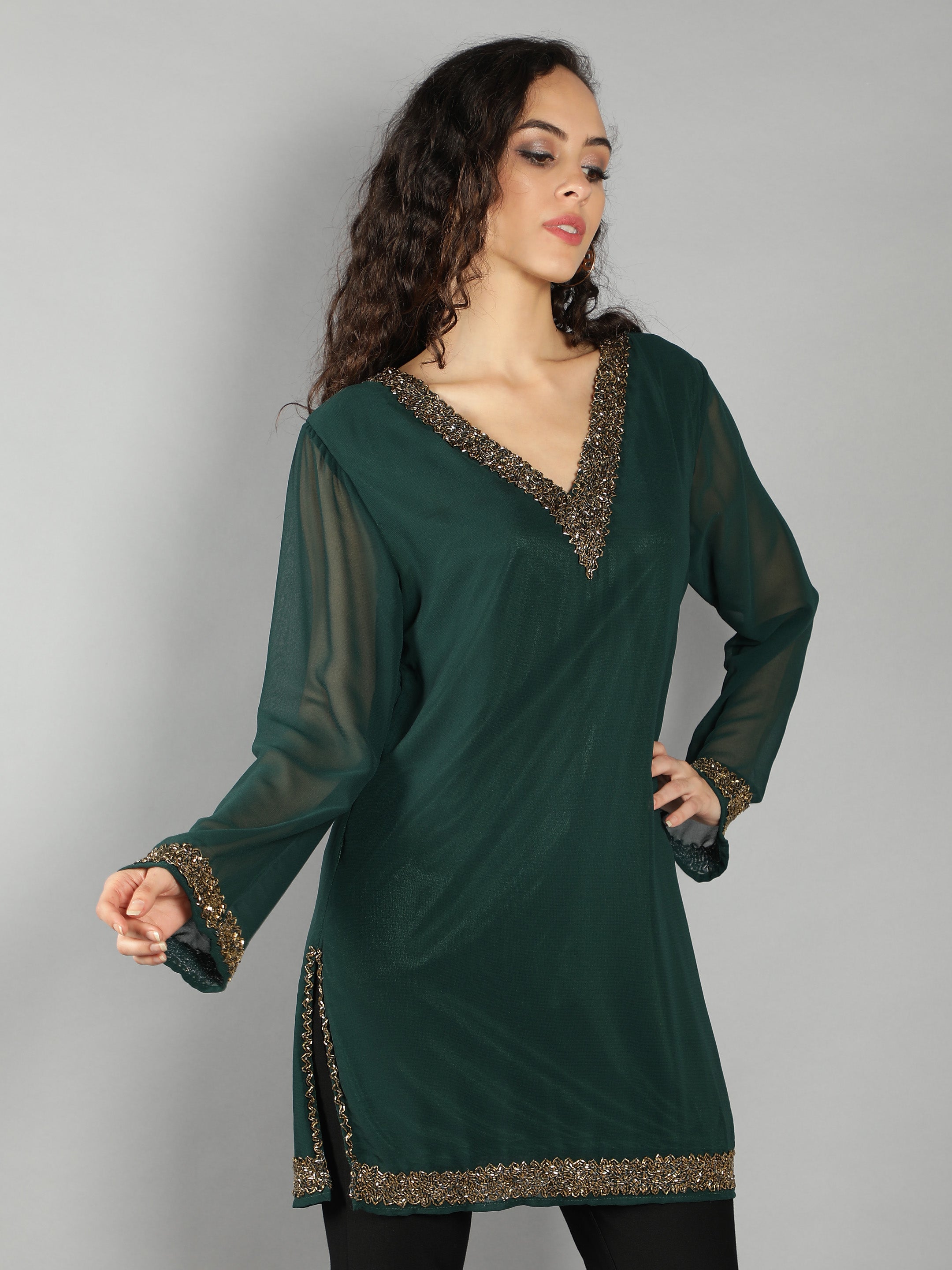 Green Embellished V Neck Kurti (With Lining)