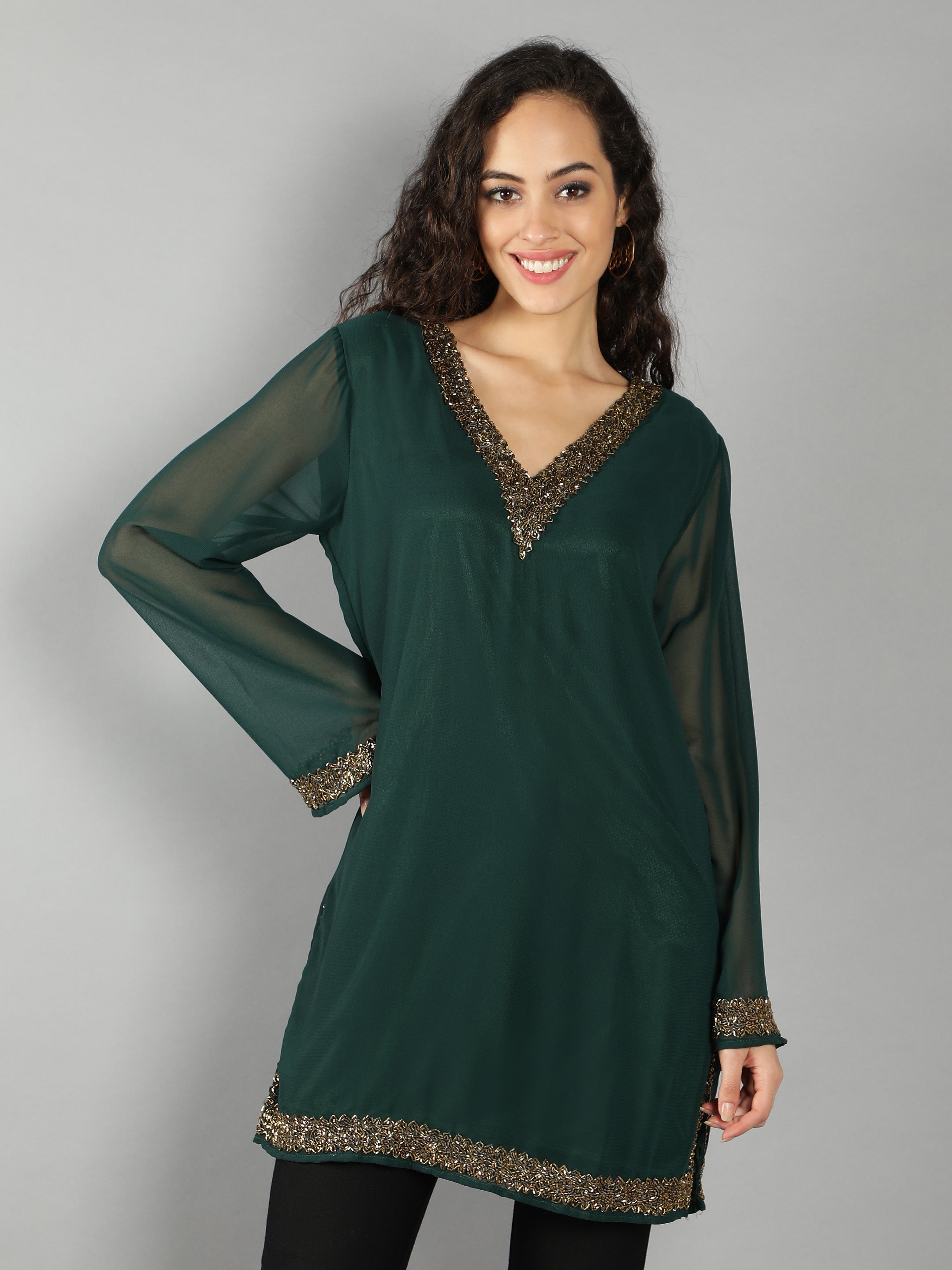 Green Embellished V Neck Kurti (With Lining)