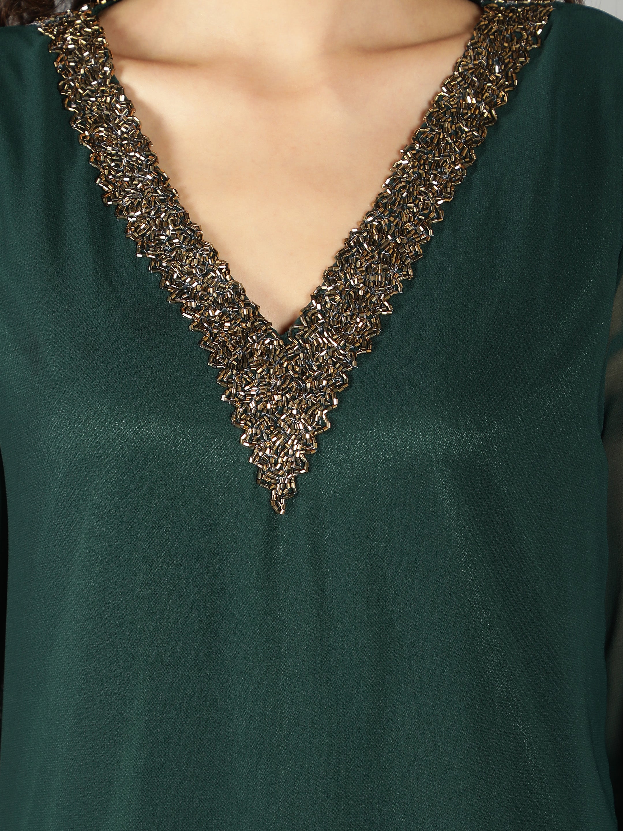Green Embellished V Neck Kurti (With Lining)