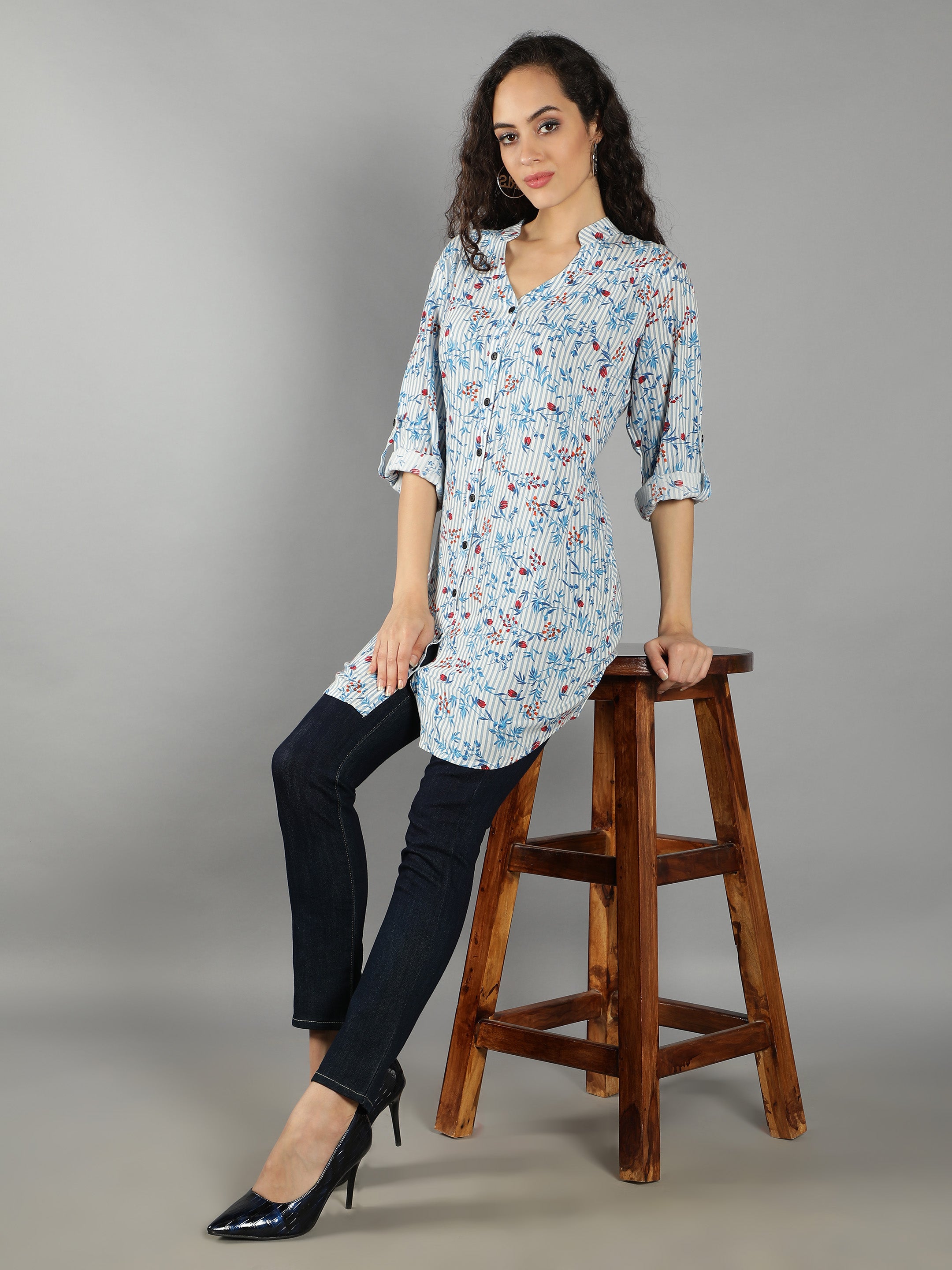 Blue Floral Smart Casual Long Shirt