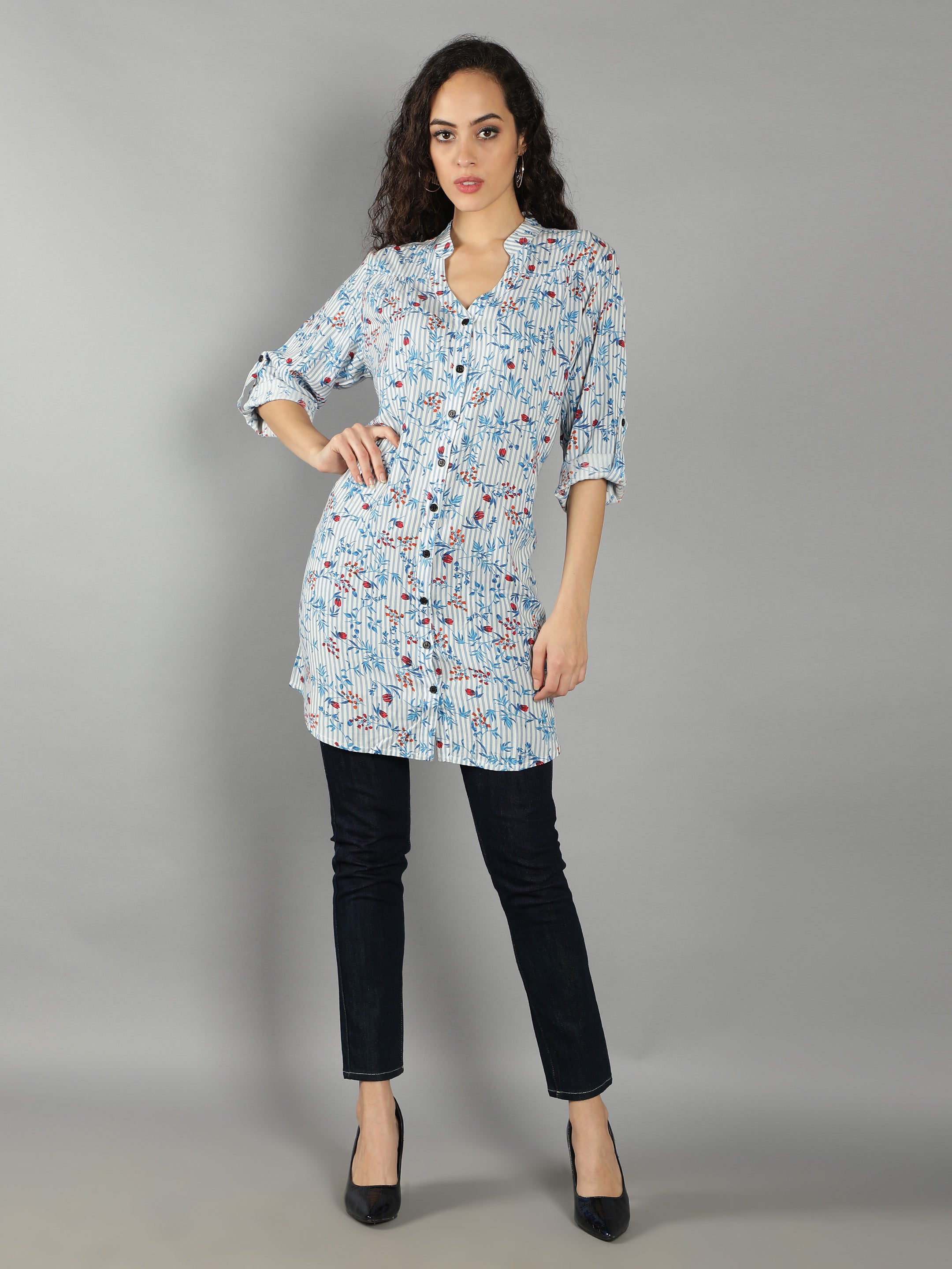 Blue Floral Smart Casual Long Shirt