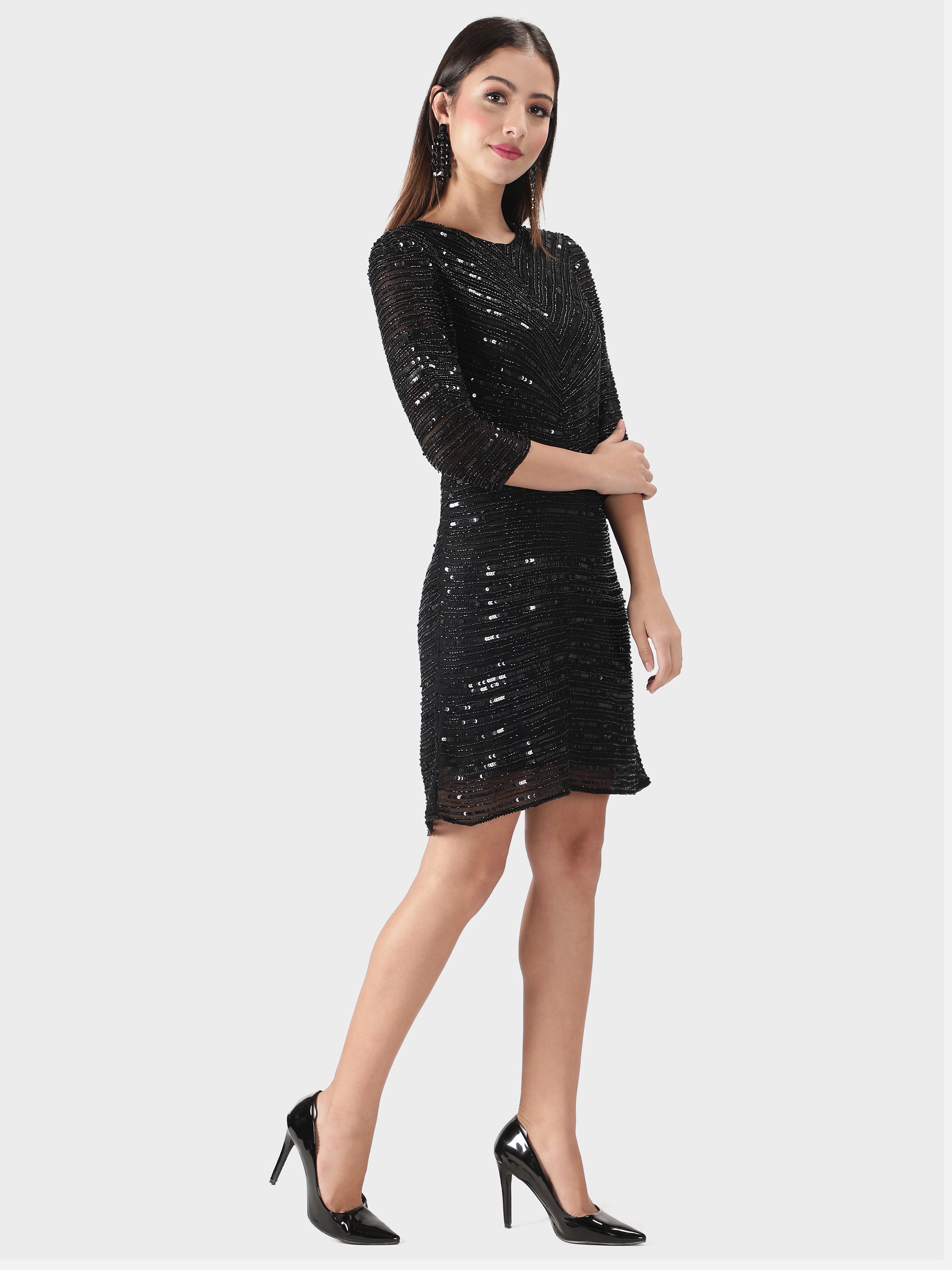 Black Embellished Midi Party Dress