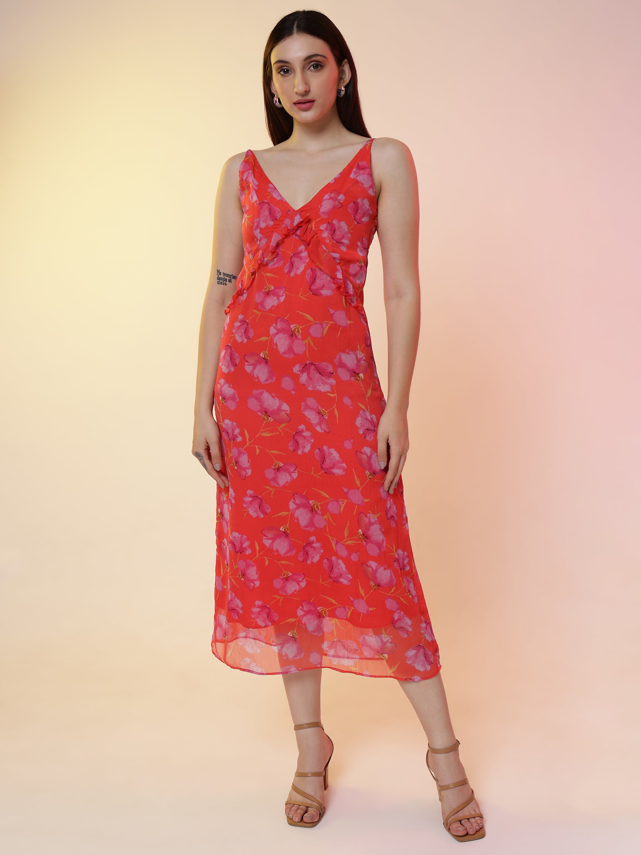 Red Floral Midi Dress
