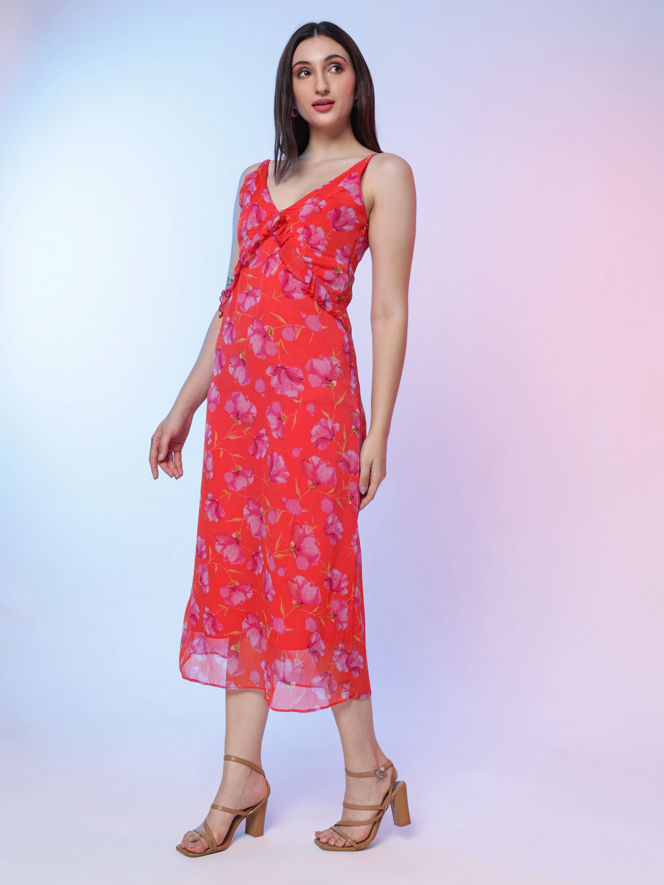 Red Floral Midi Dress