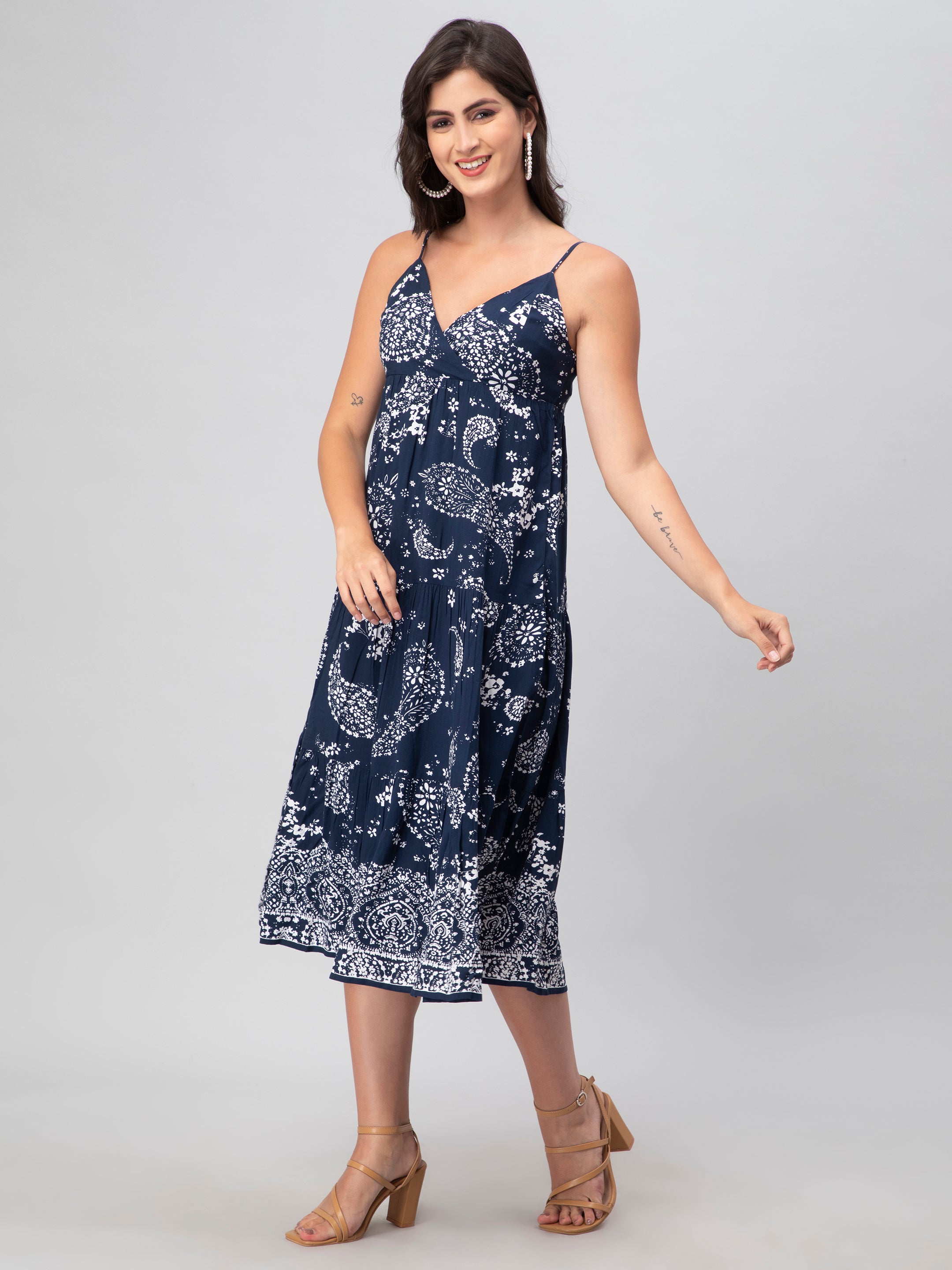 Navy Tribal Print Midi Dress