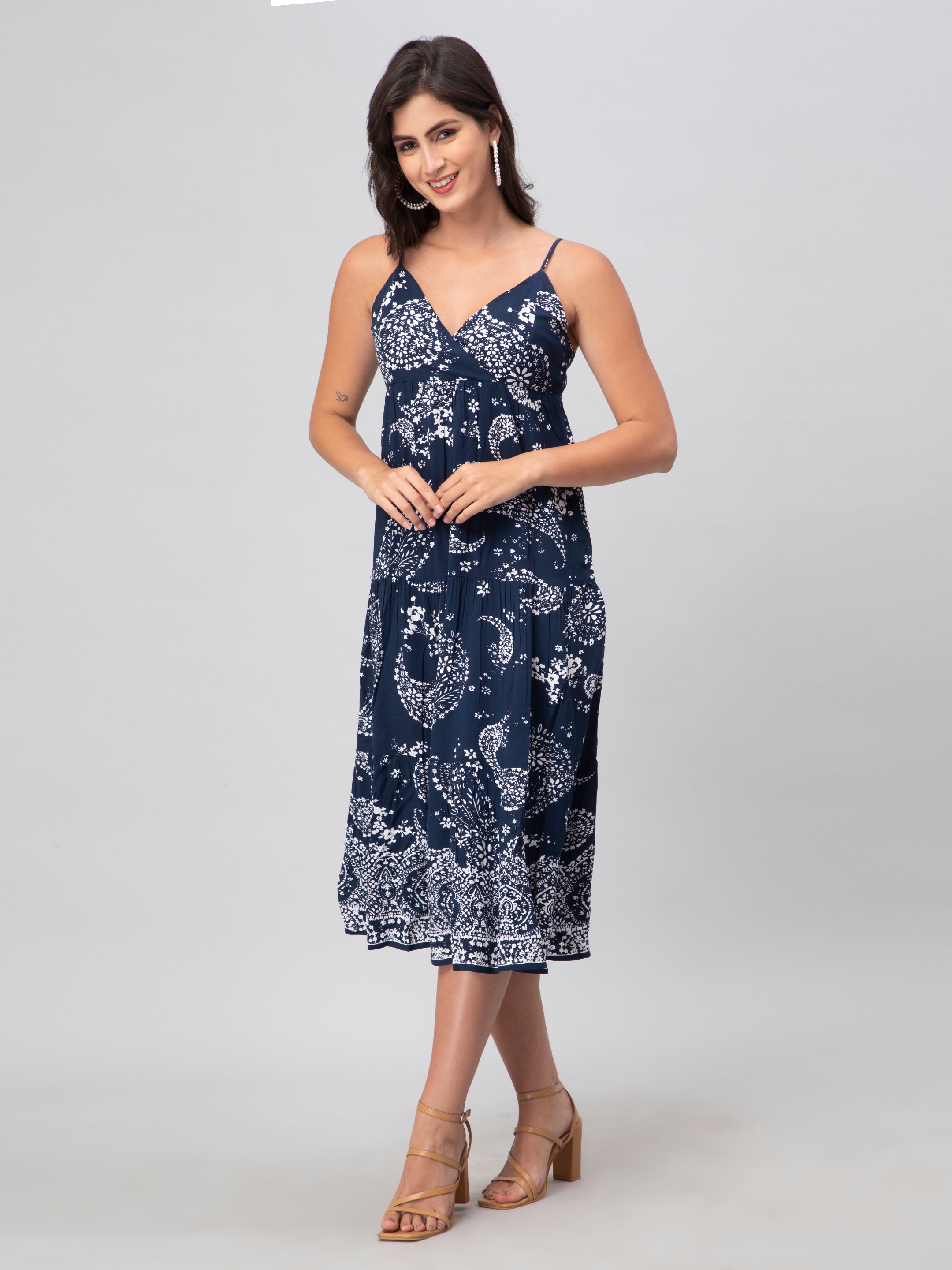Navy Tribal Print Midi Dress