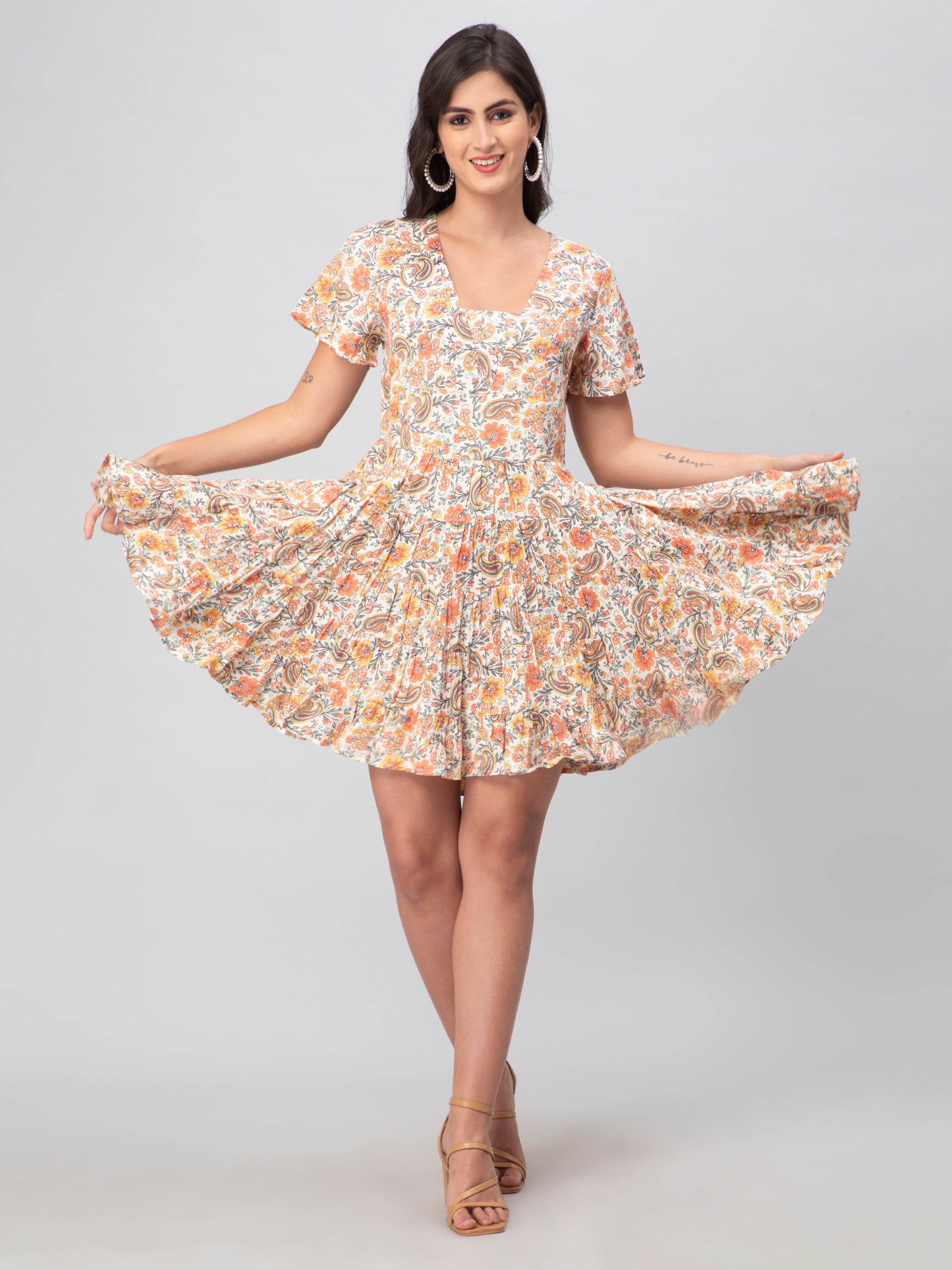 Beige Floral Midi Dress