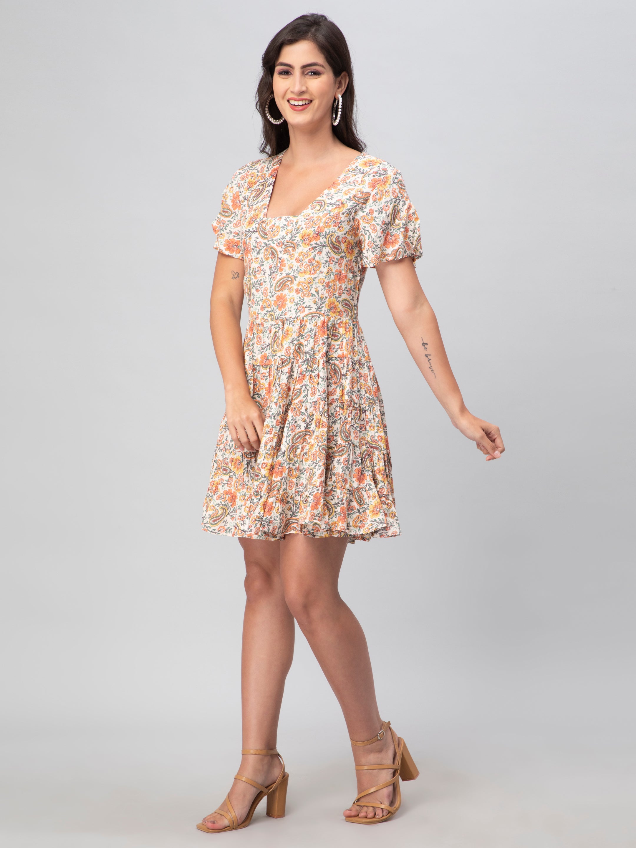 Beige Floral Midi Dress