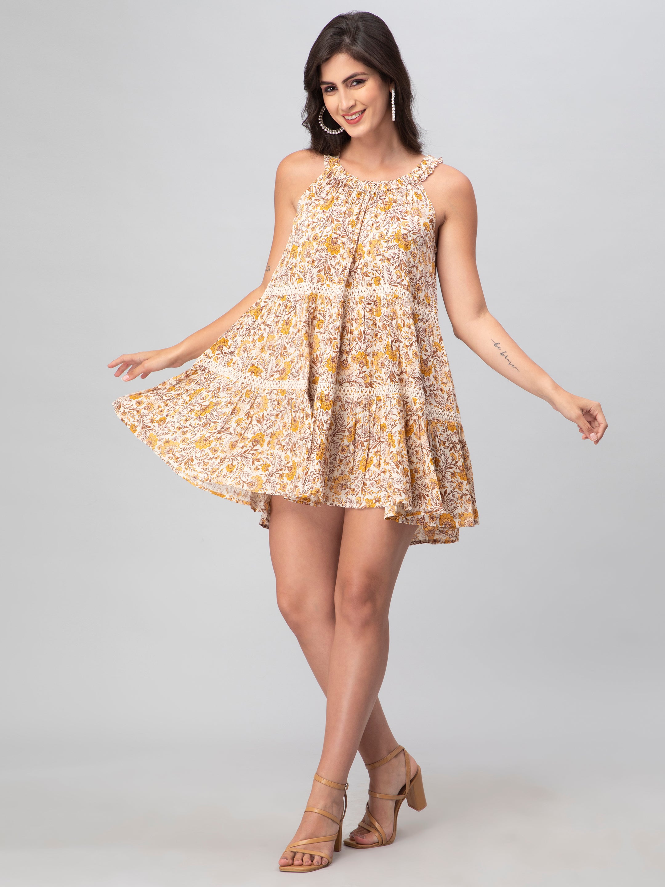 Mustard Leaf Print Midi Dress