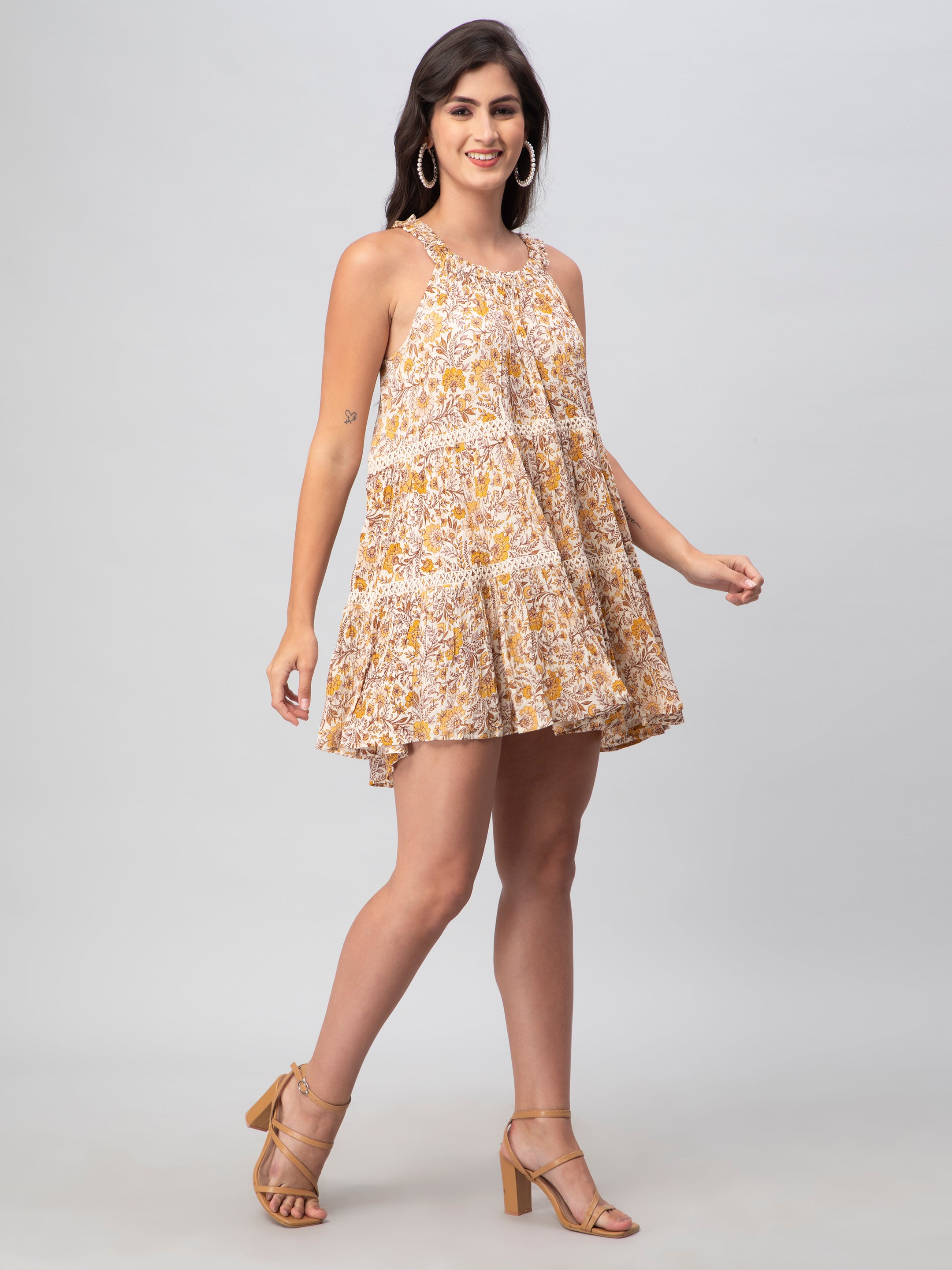 Mustard Leaf Print Midi Dress
