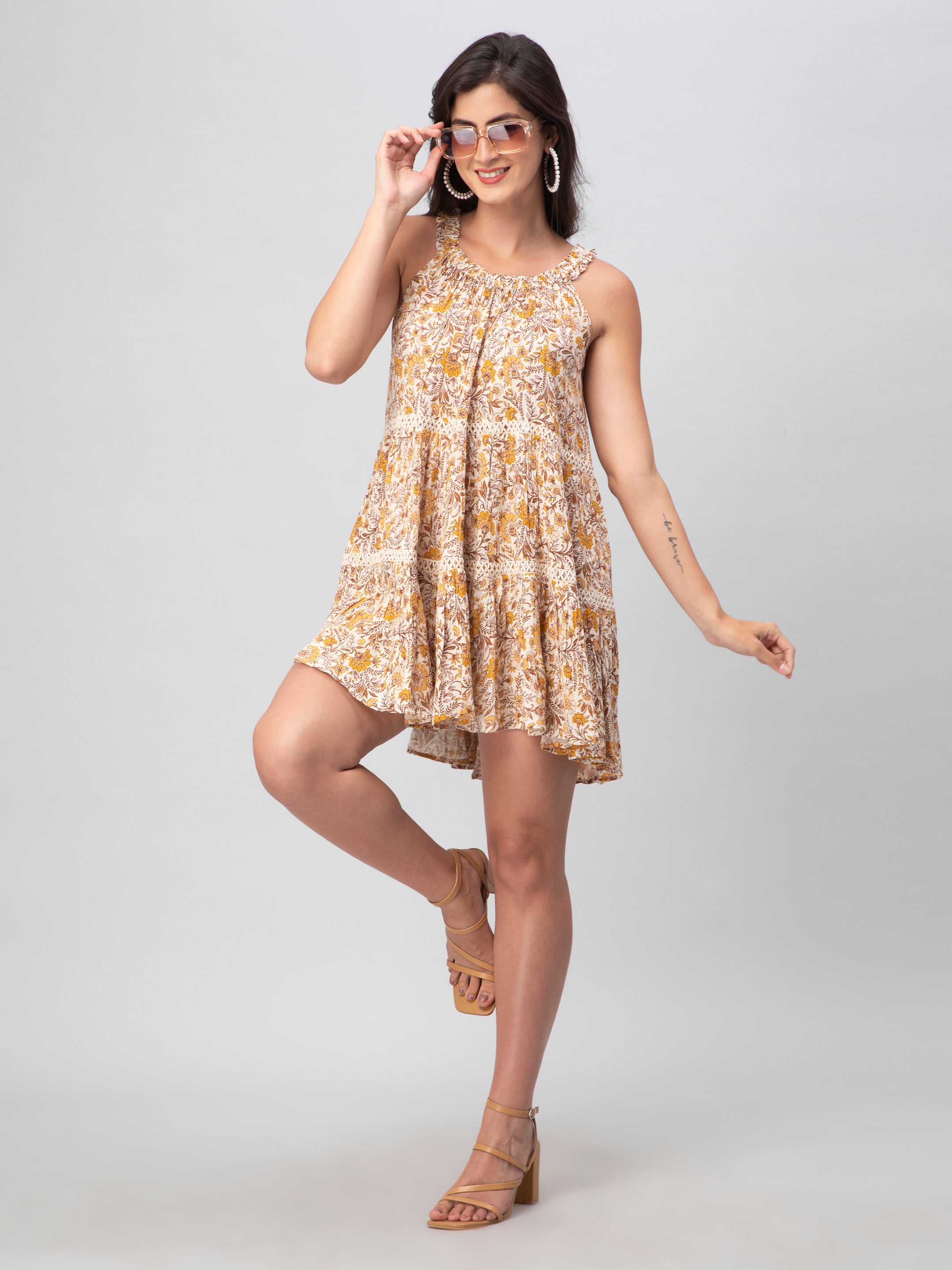Mustard Leaf Print Midi Dress