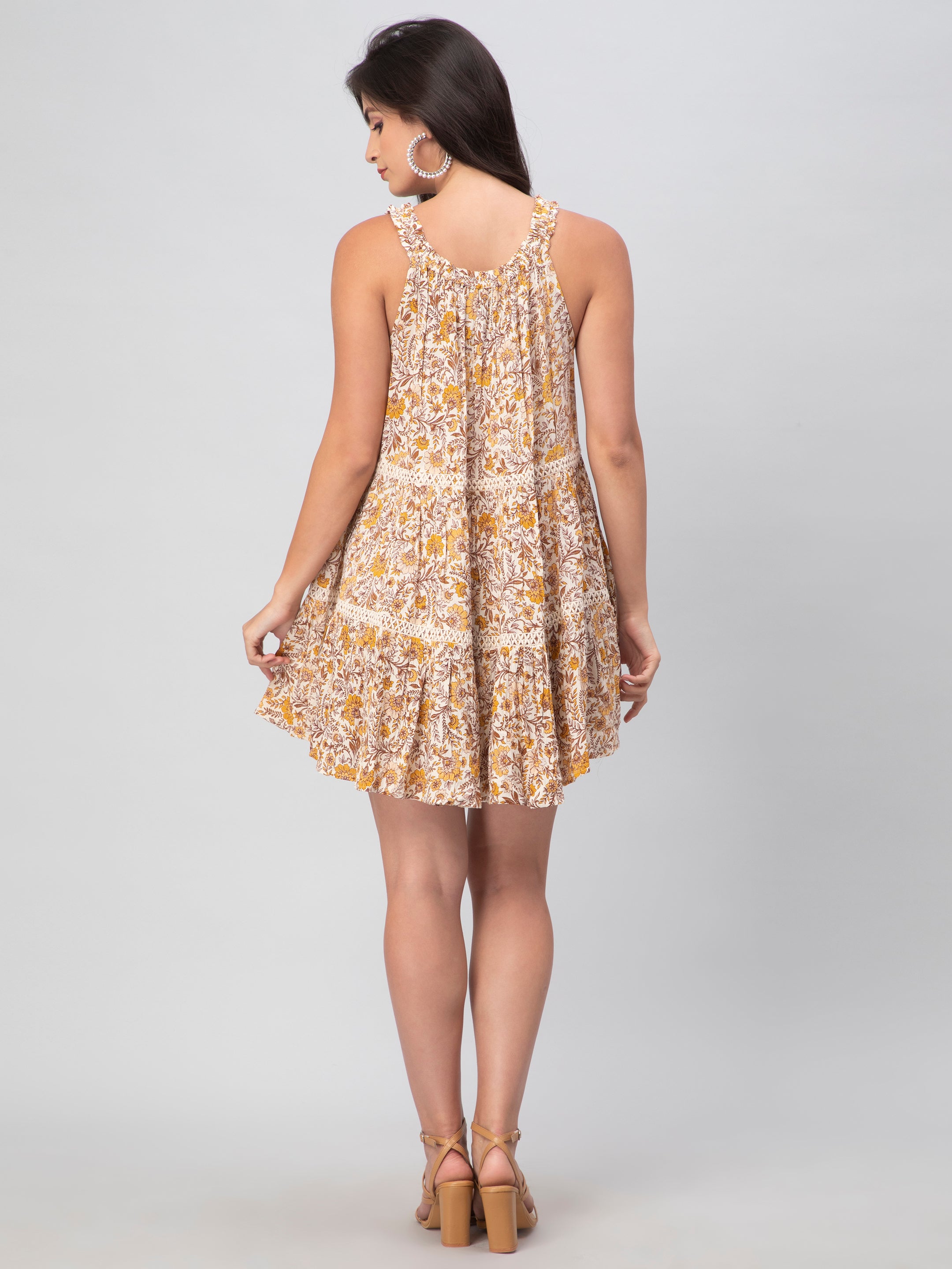 Mustard Leaf Print Midi Dress