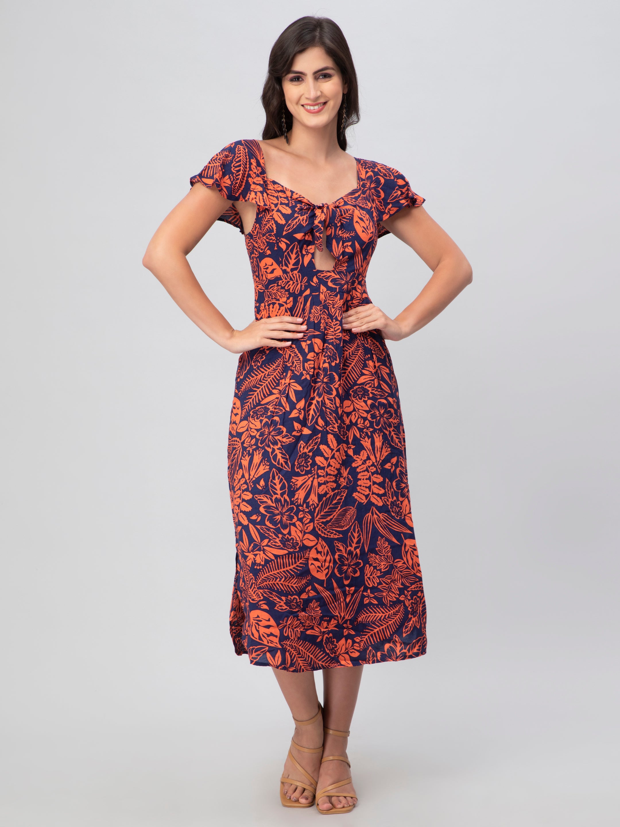 Red Abstract Print Midi Dress