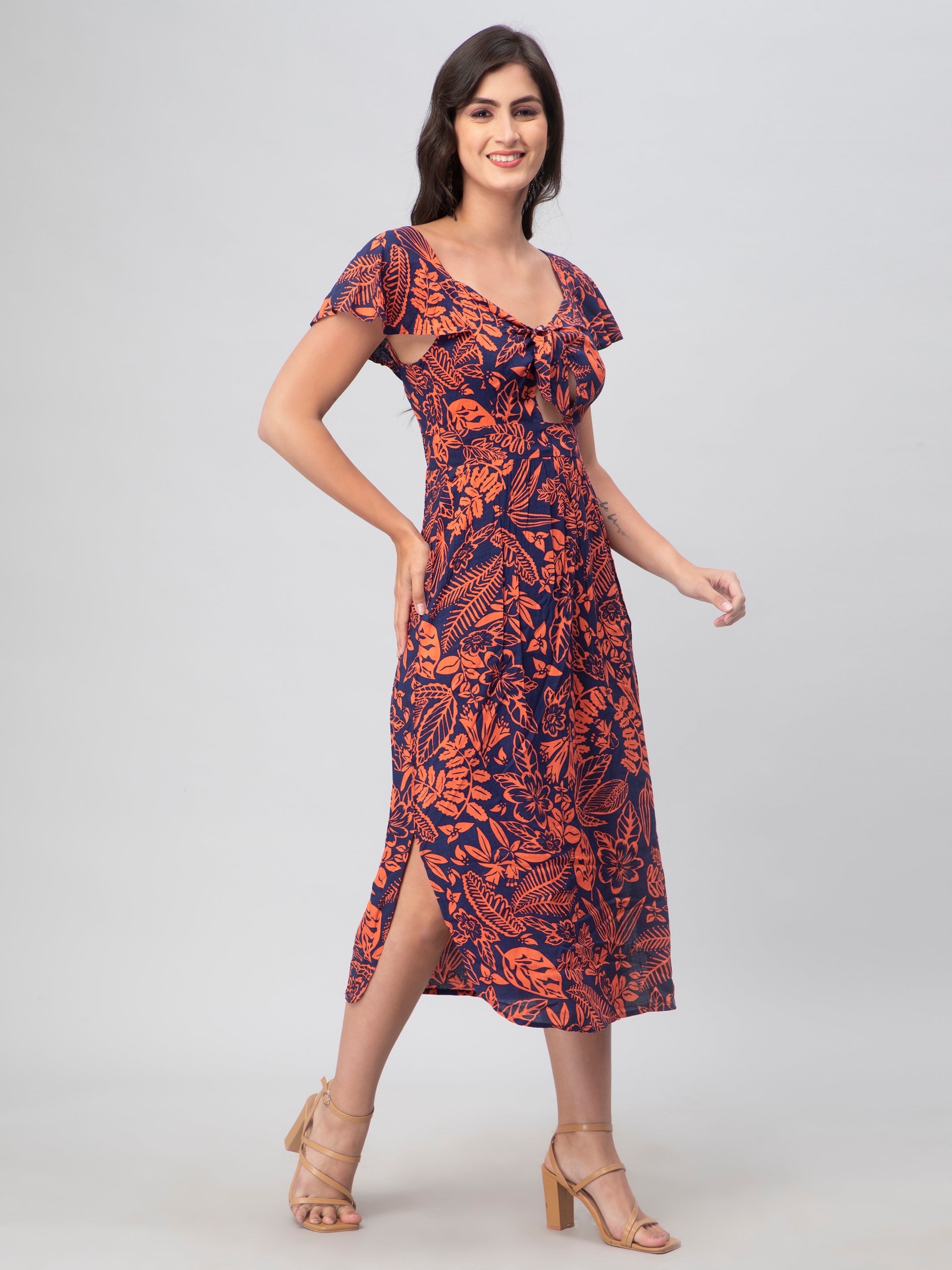 Red Abstract Print Midi Dress