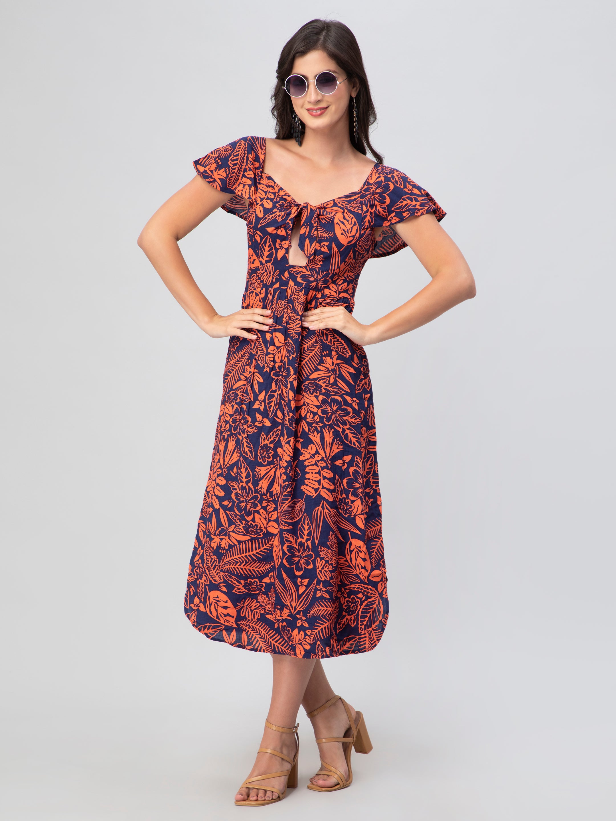 Red Abstract Print Midi Dress