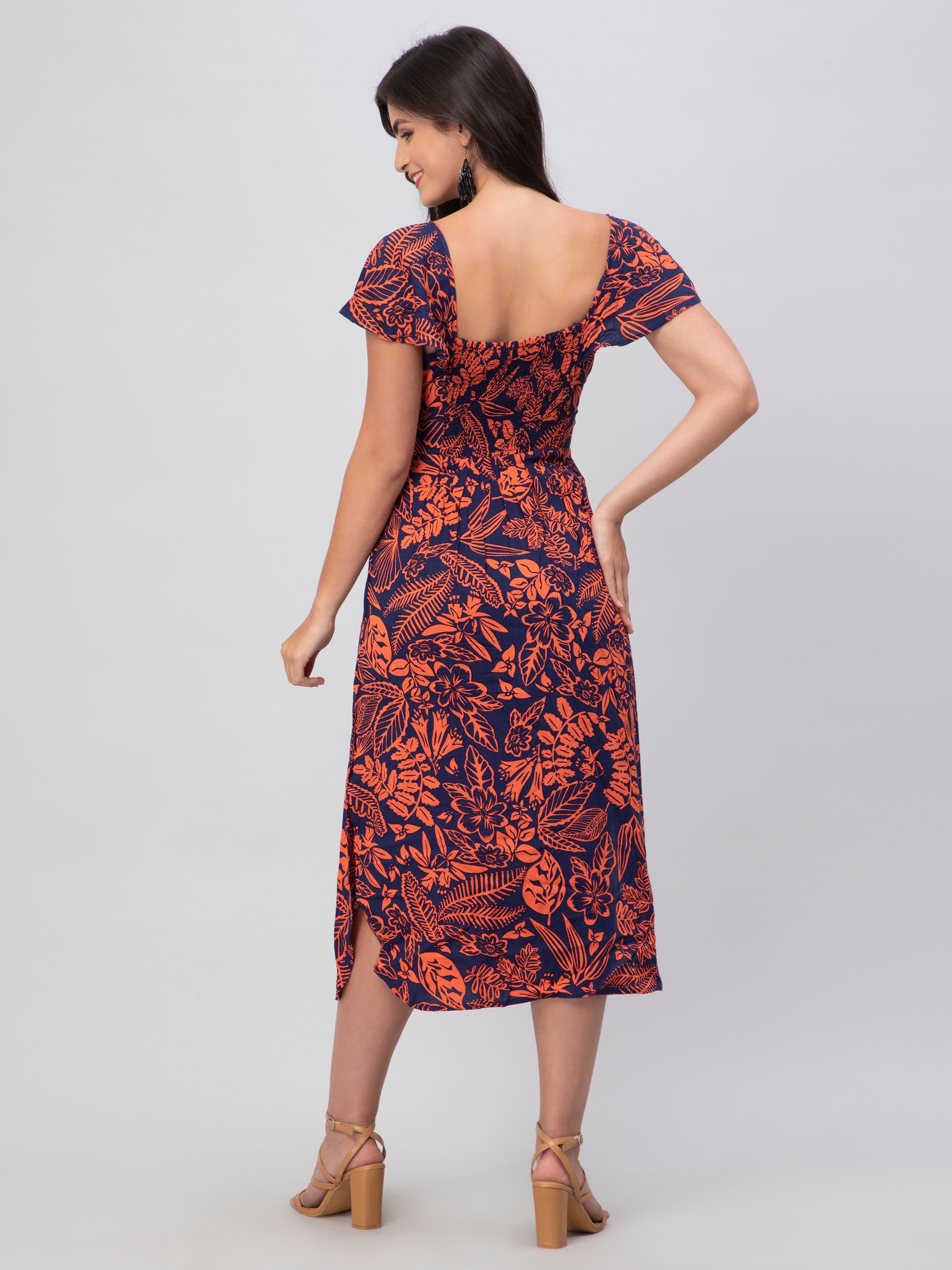 Red Abstract Print Midi Dress