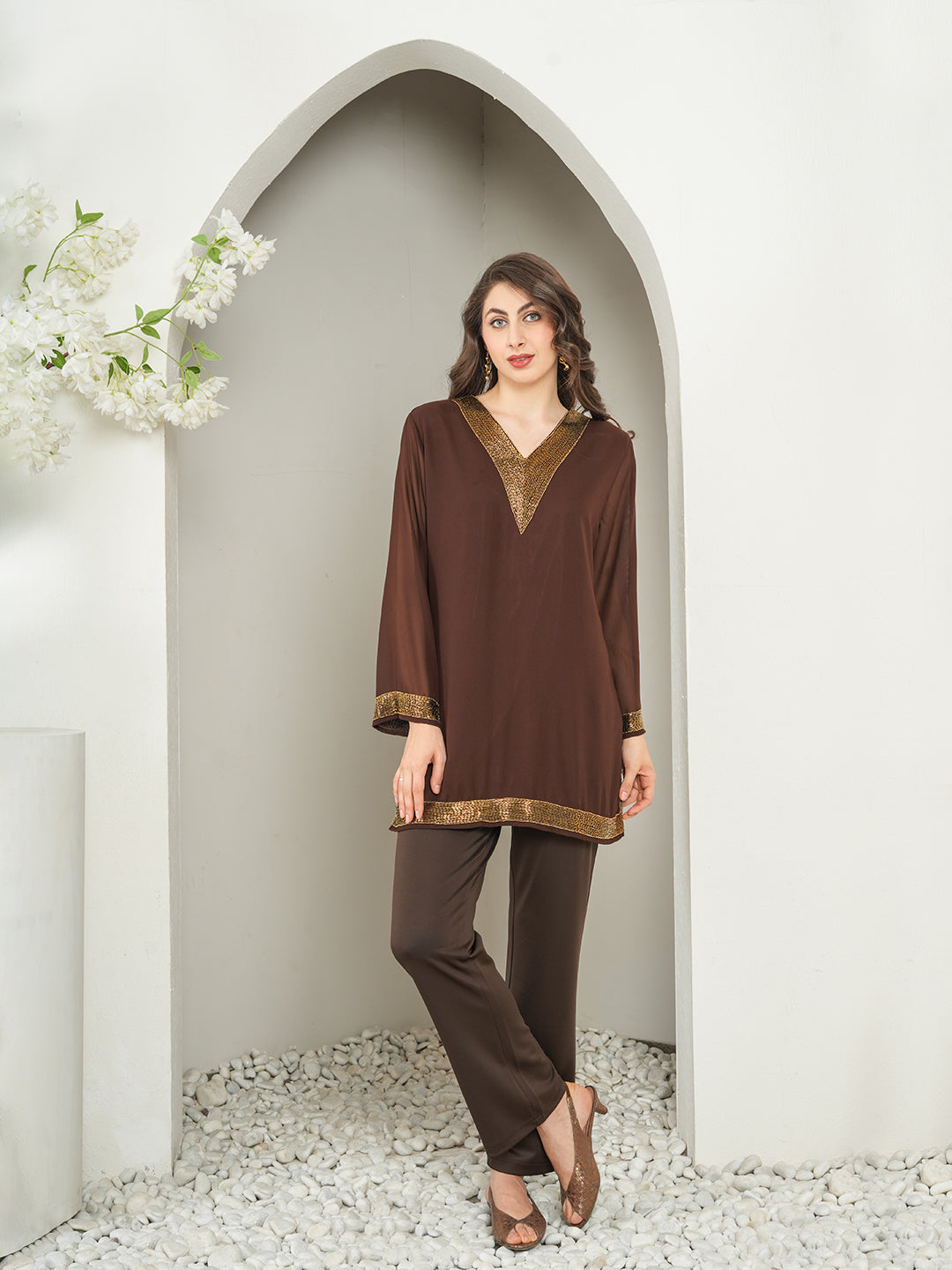 Brown Embellished Kurti with Lining