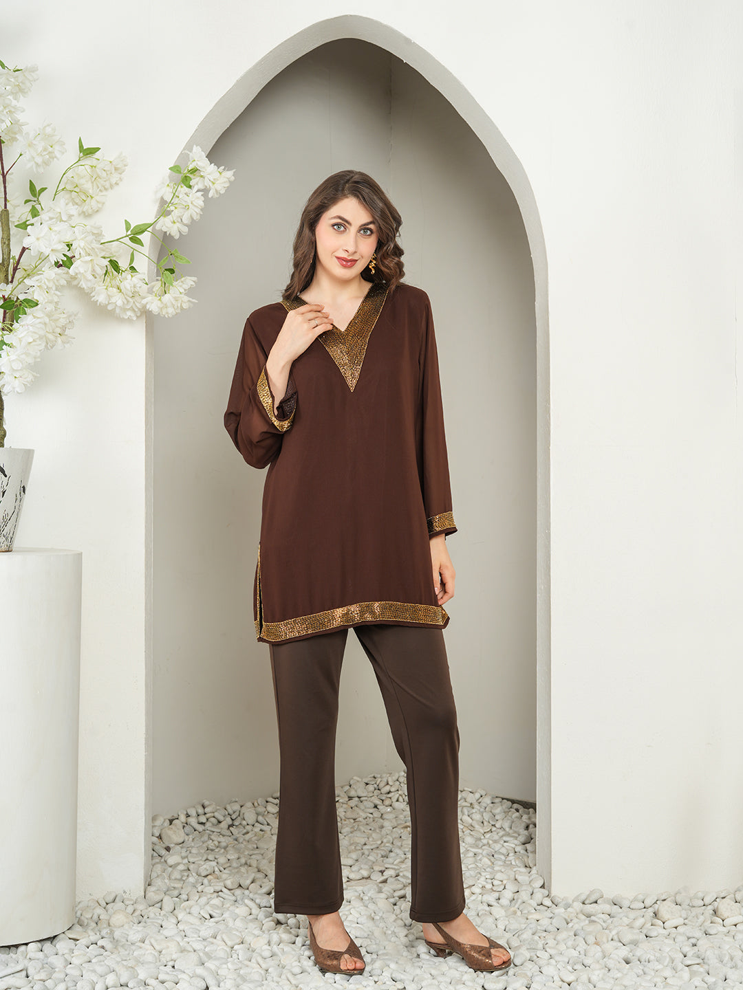 Brown Embellished Kurti with Lining