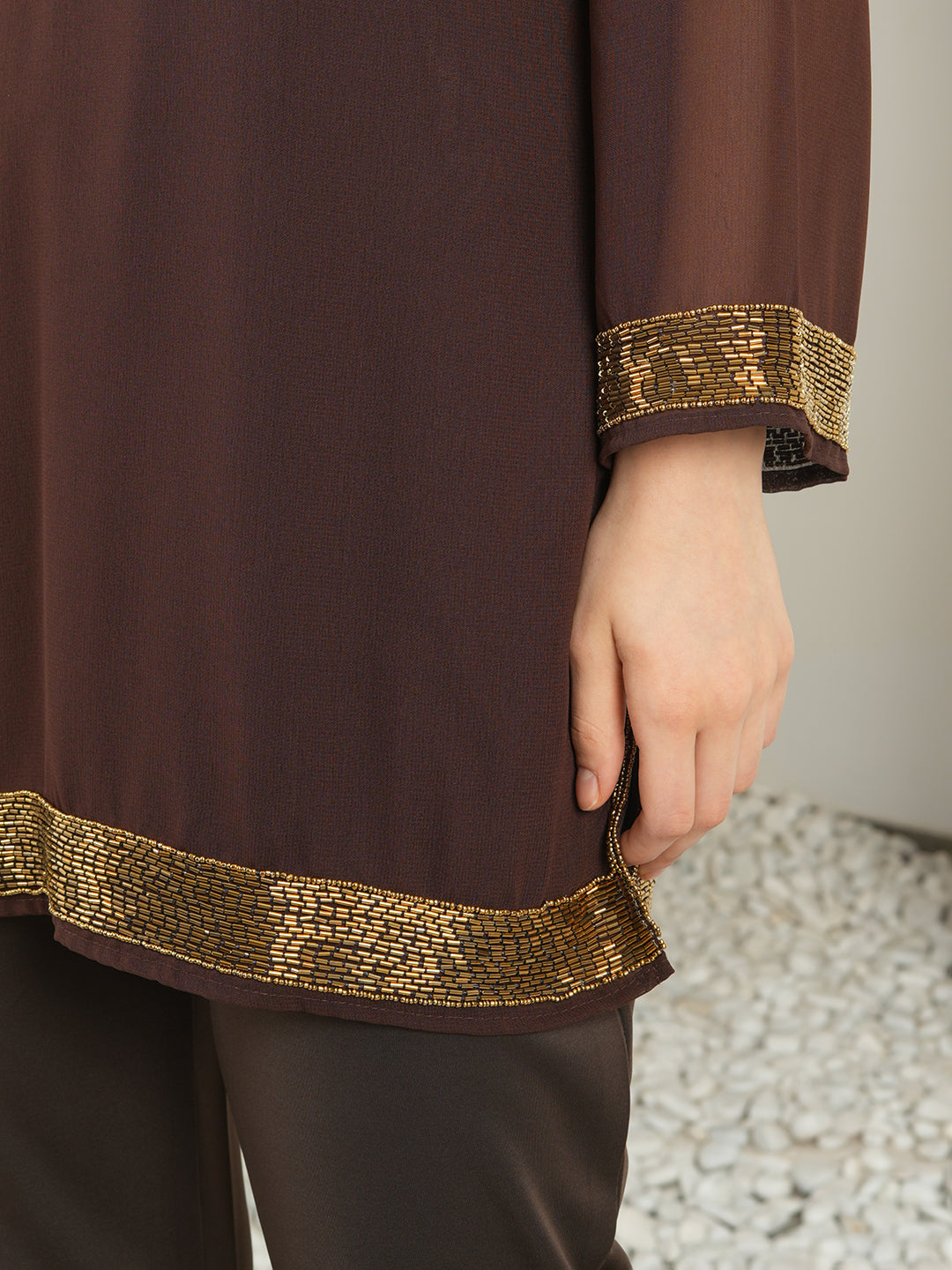 Brown Embellished Kurti with Lining