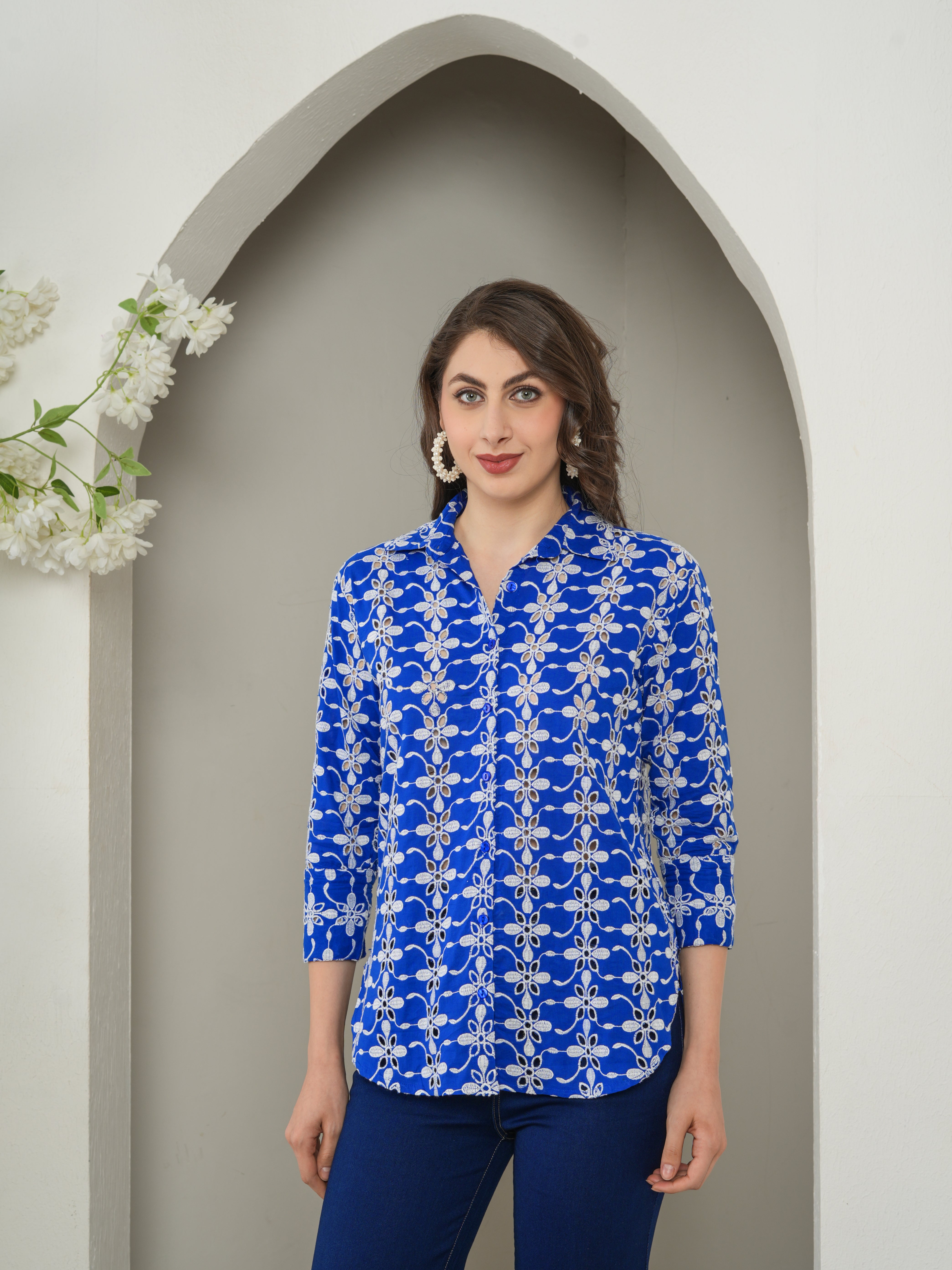 Navy Designer Schiffli Shirt