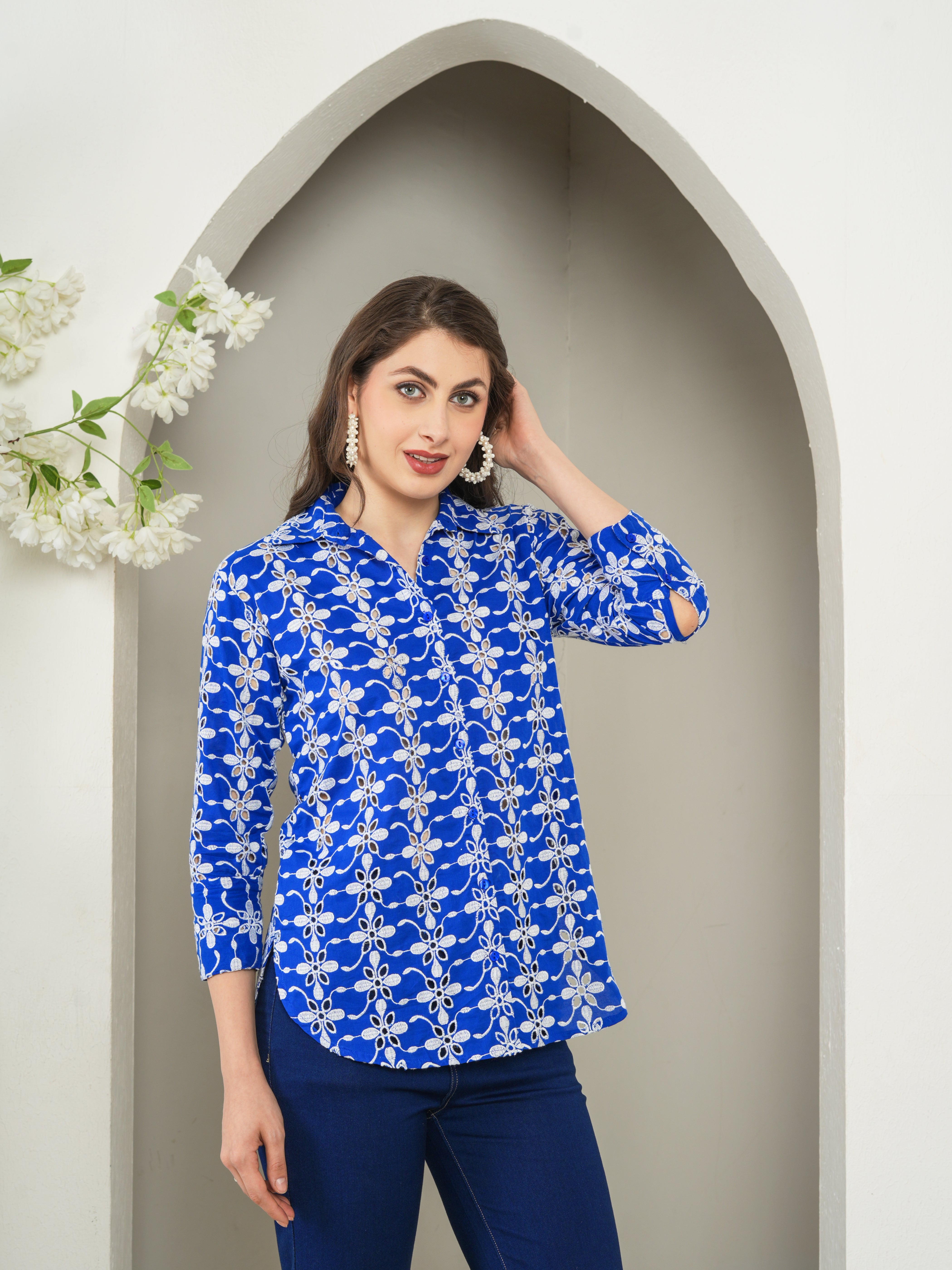 Navy Designer Schiffli Shirt