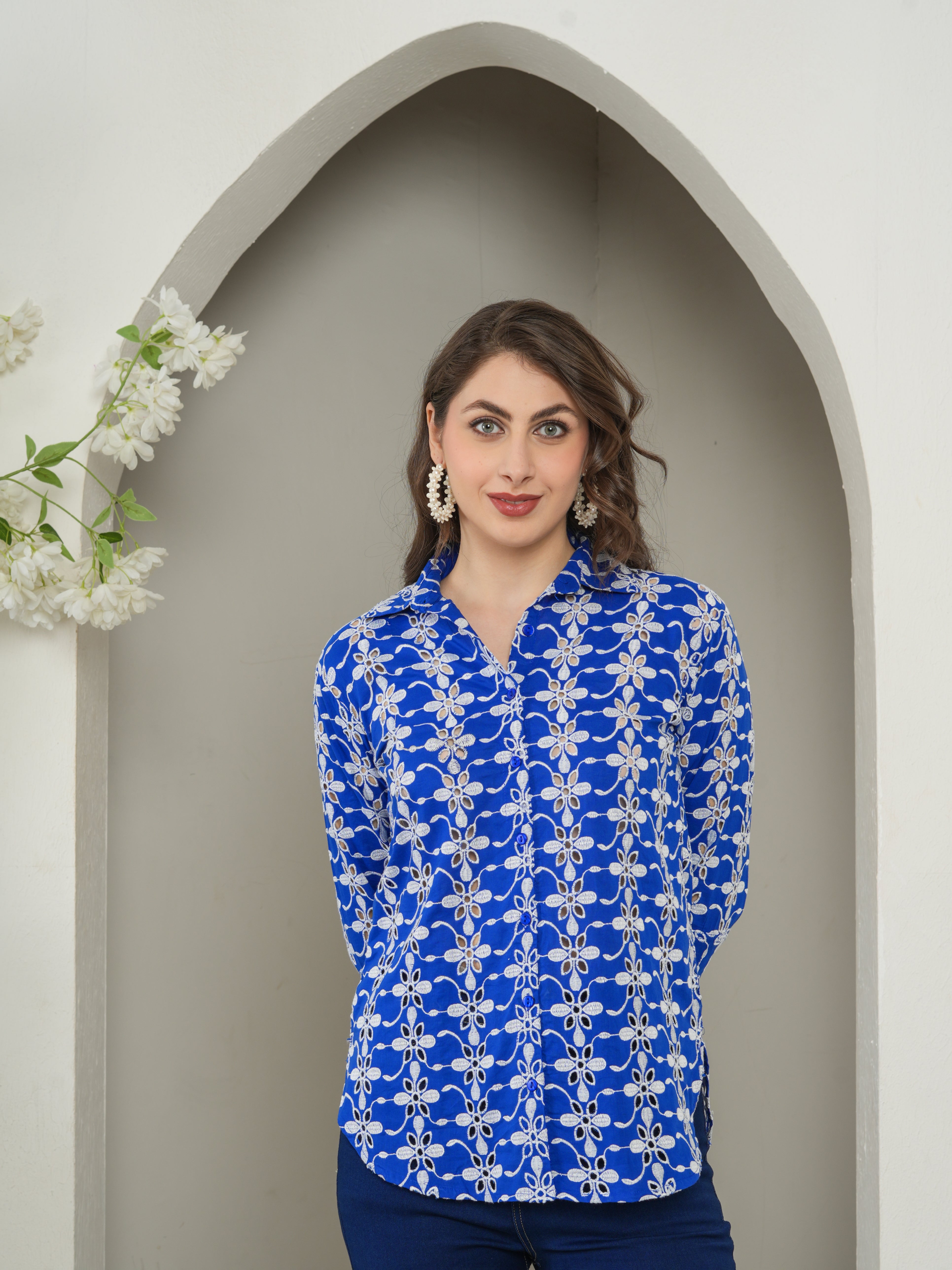 Navy Designer Schiffli Shirt