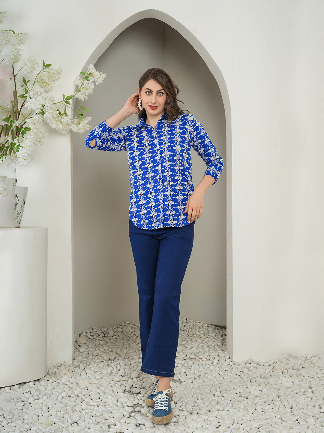 Navy Designer Schiffli Shirt