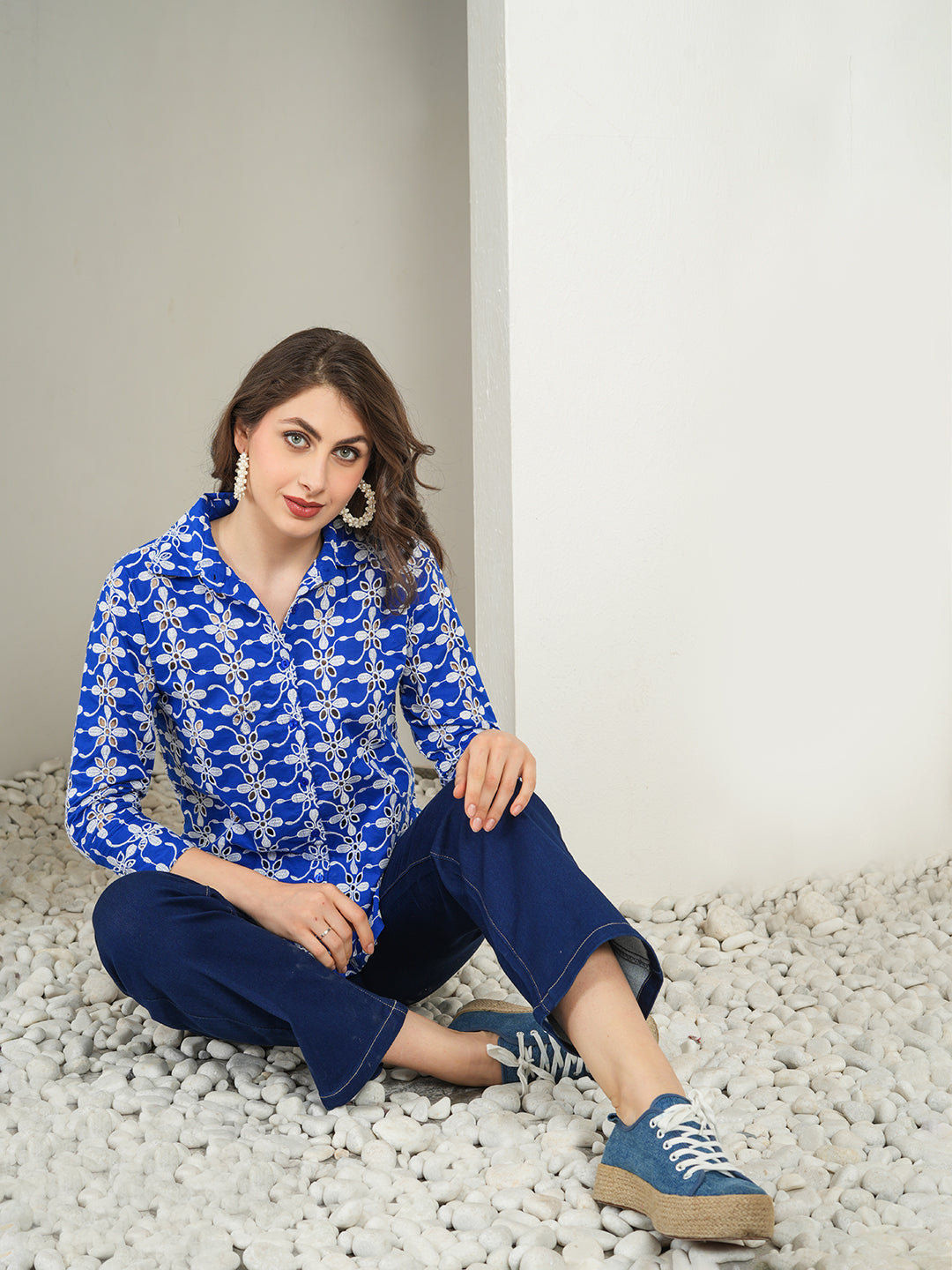 Navy Designer Schiffli Shirt