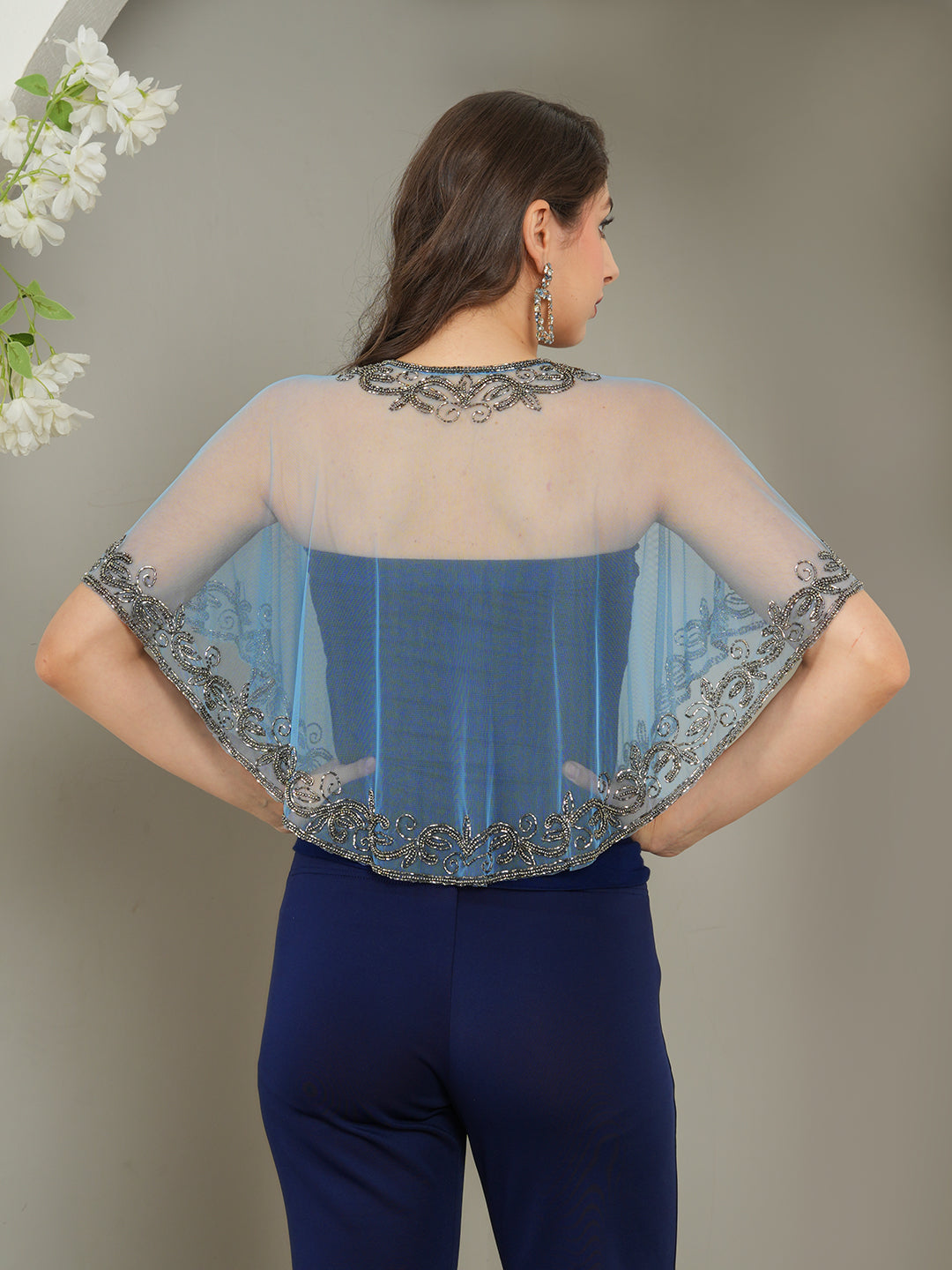 Blue Embellished Short Cape Shrug