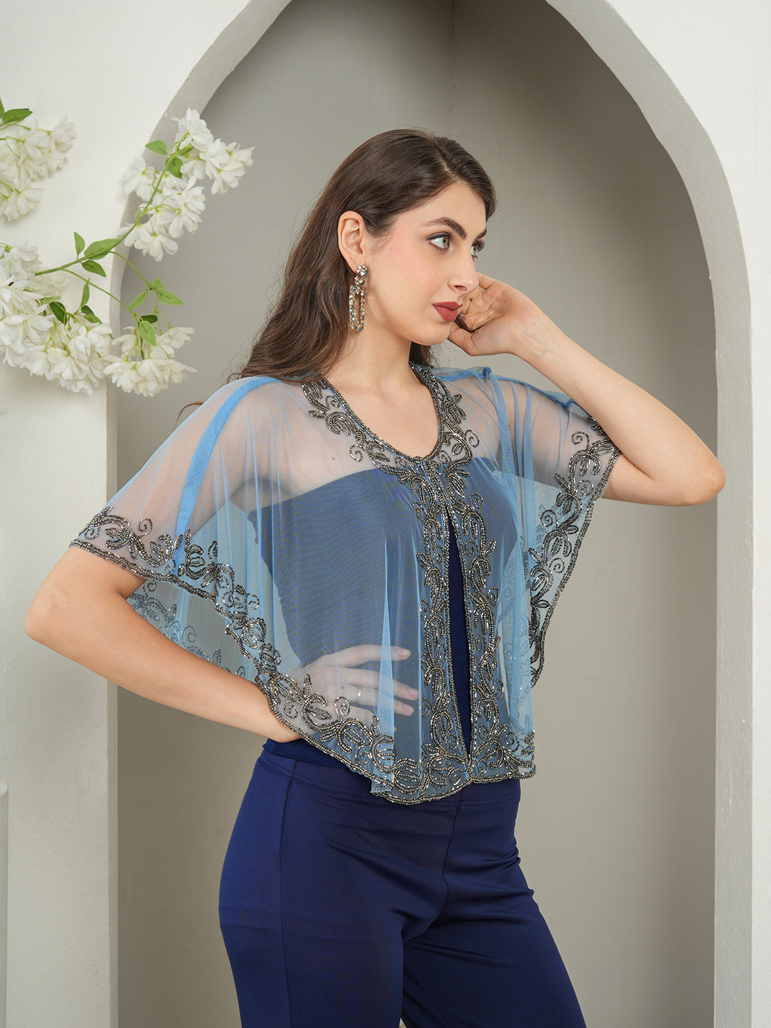 Blue Embellished Short Cape Shrug