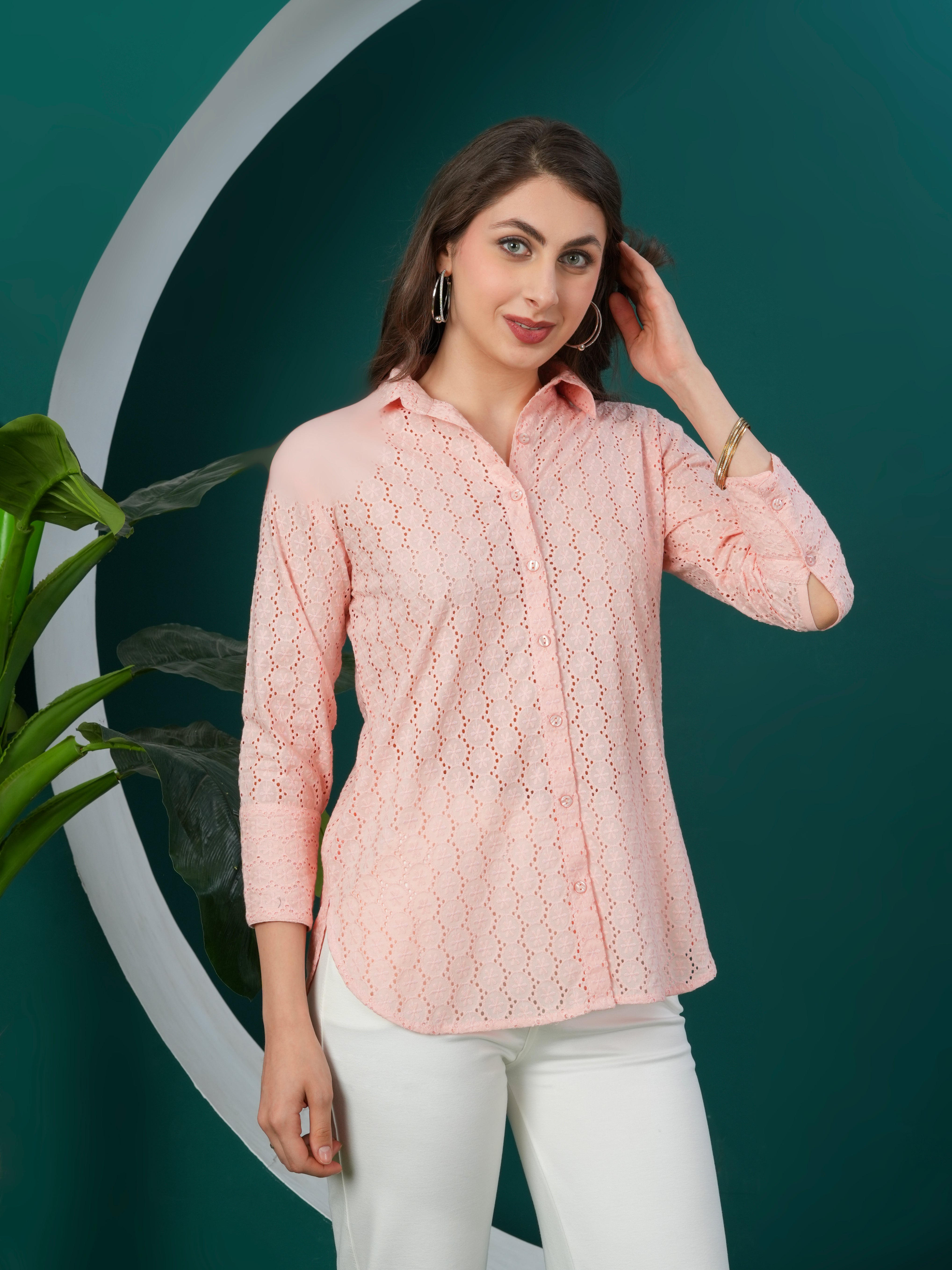 Peach Designer Schiffli Shirt