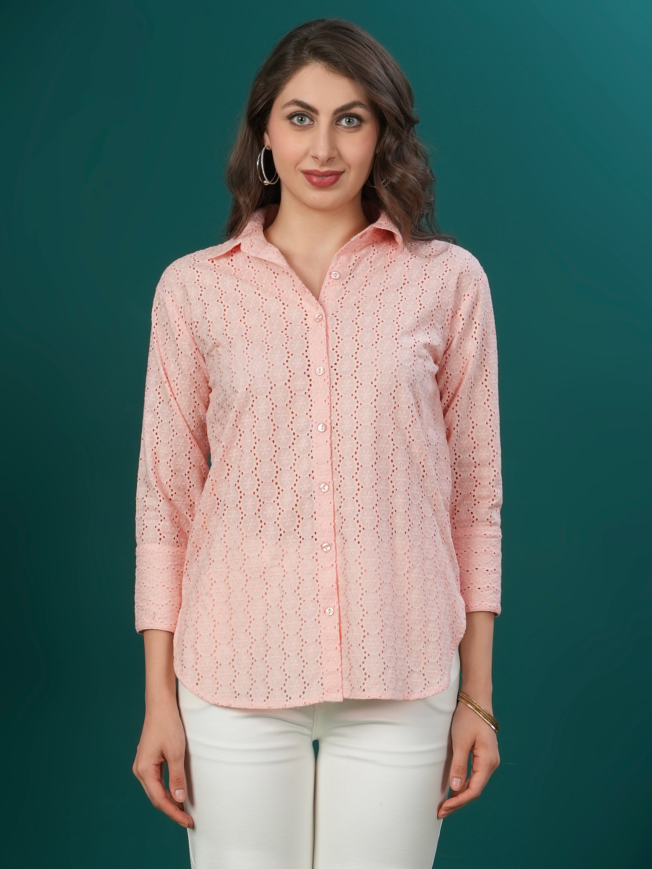 Peach Designer Schiffli Shirt
