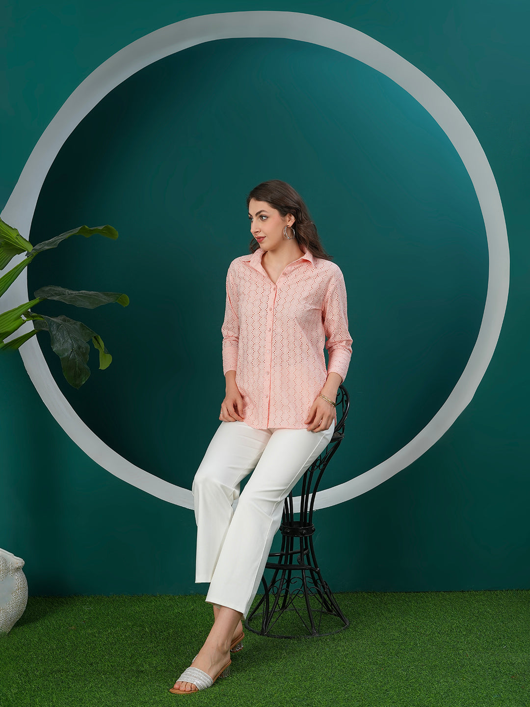 Peach Designer Schiffli Shirt