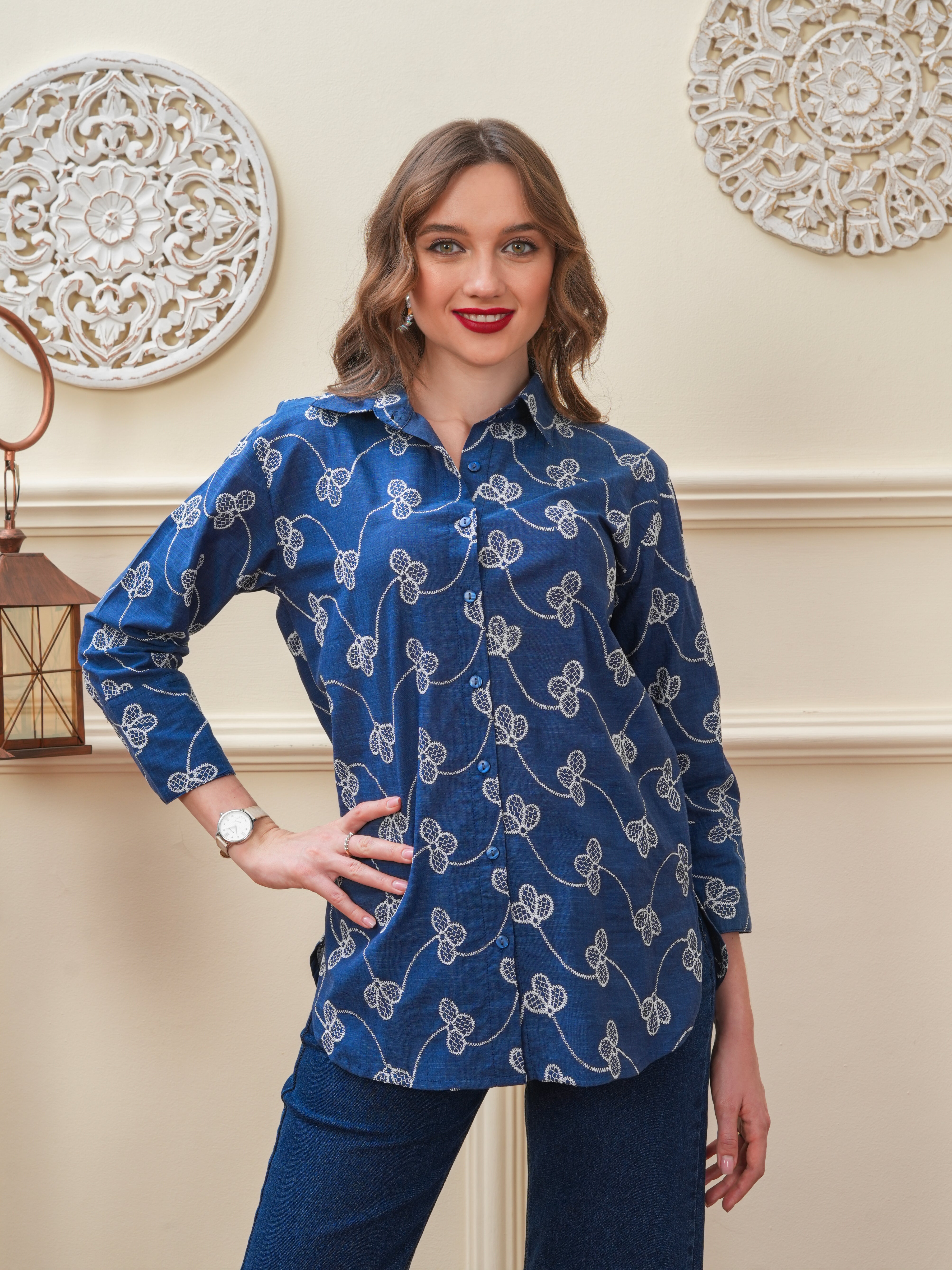 Navy Designer Schiffli Shirt