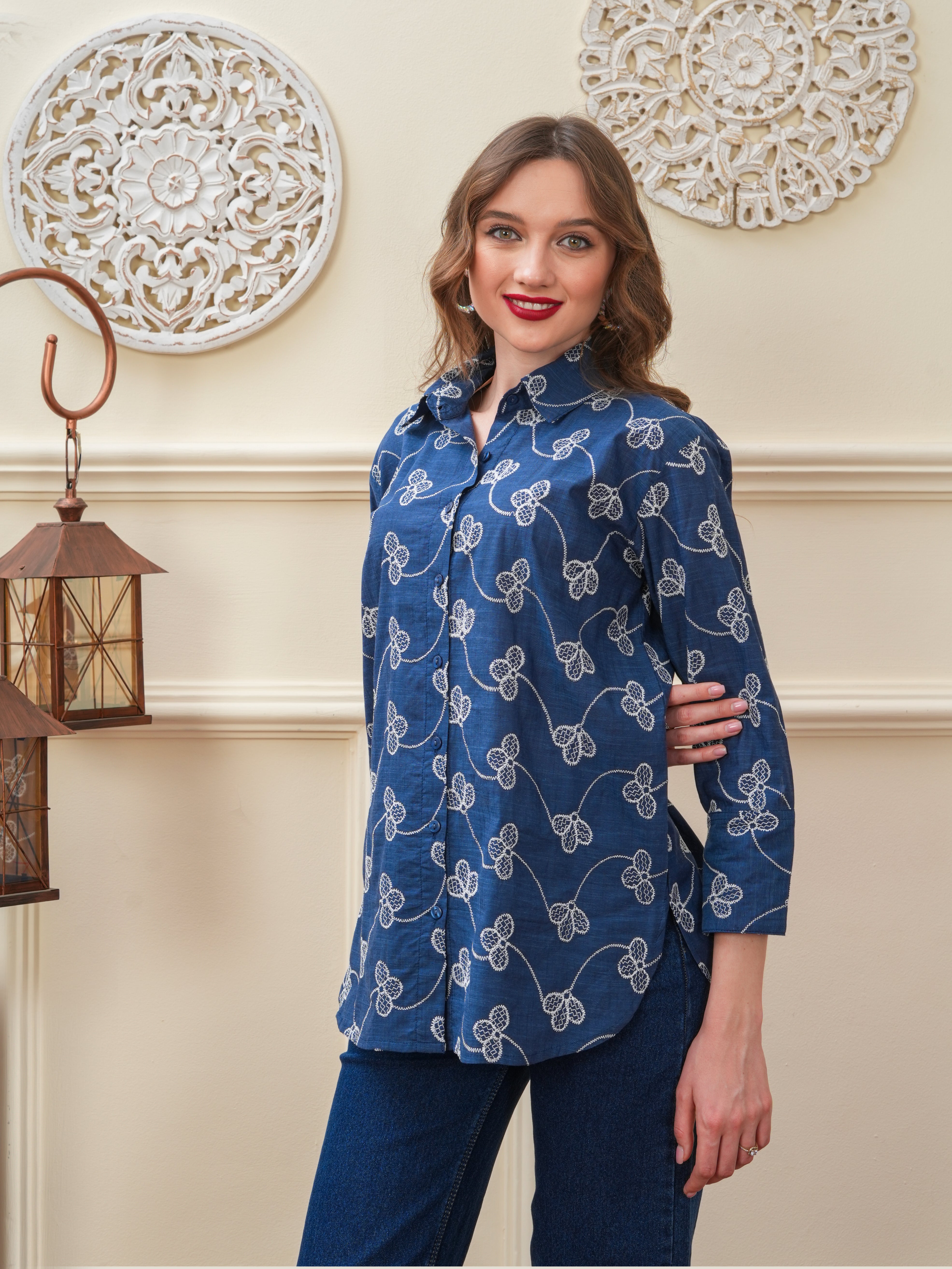 Navy Designer Schiffli Shirt