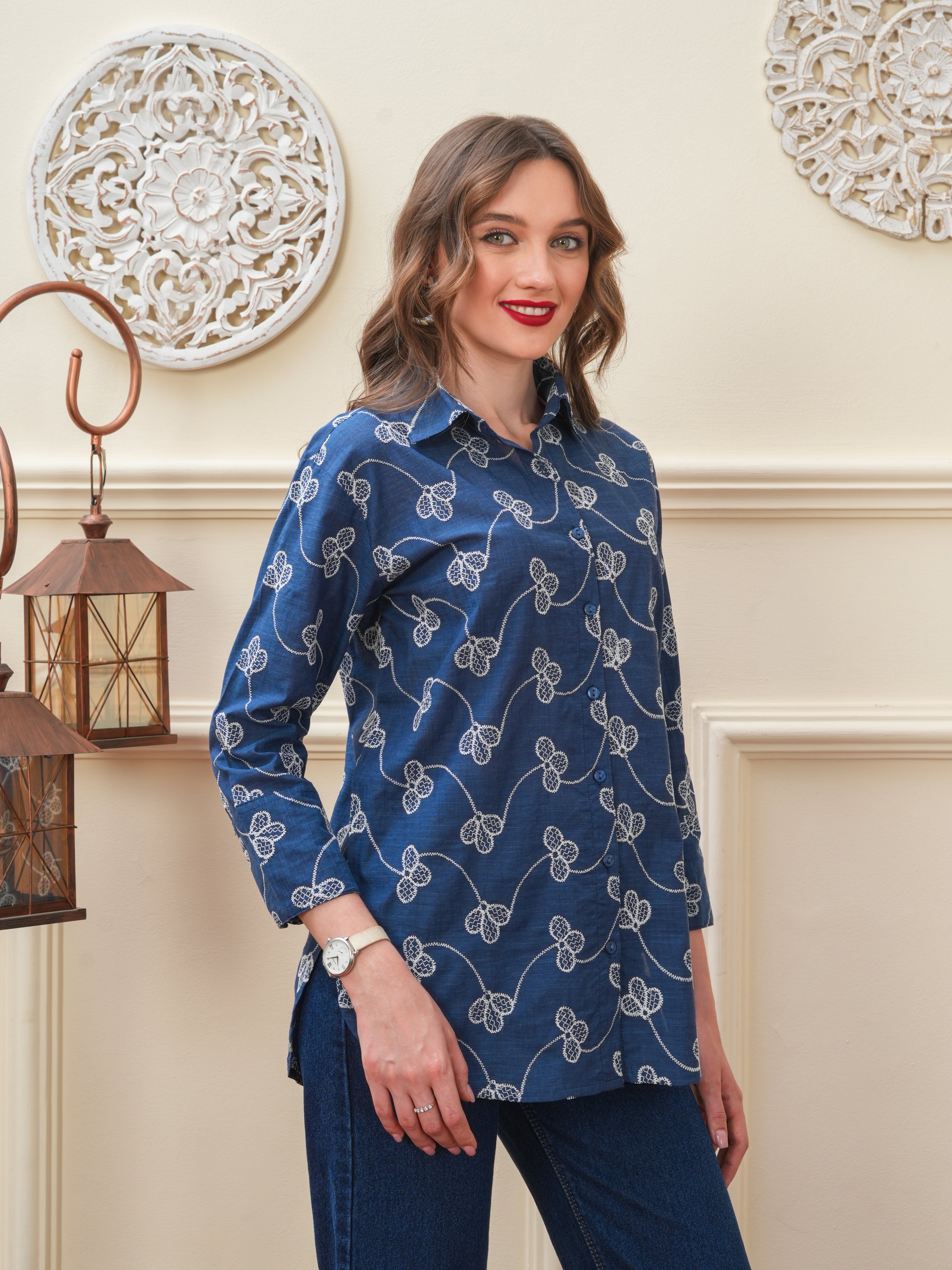 Navy Designer Schiffli Shirt